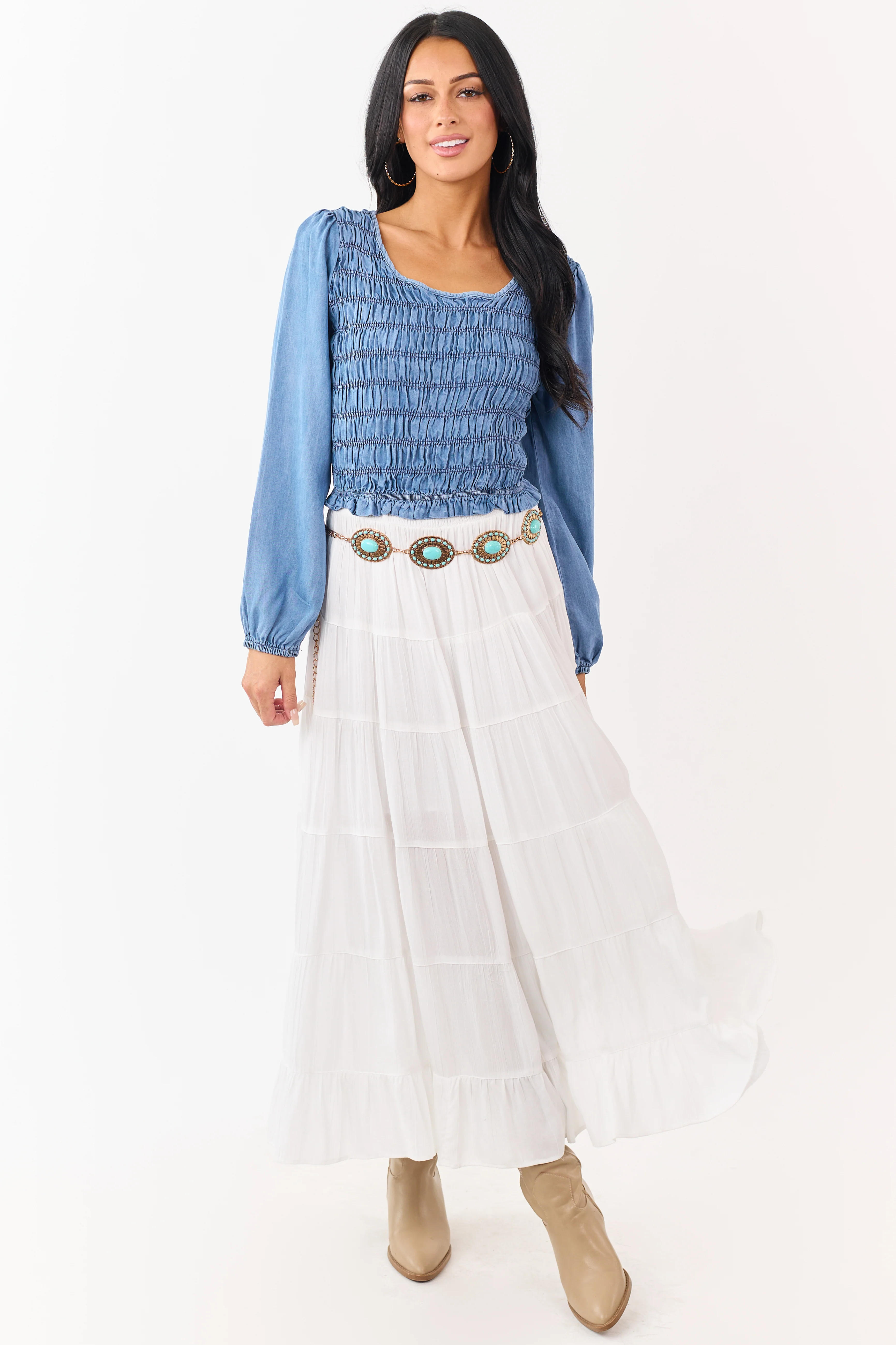 Medium Wash Denim Smocked Long Sleeve Blouse - Image 4