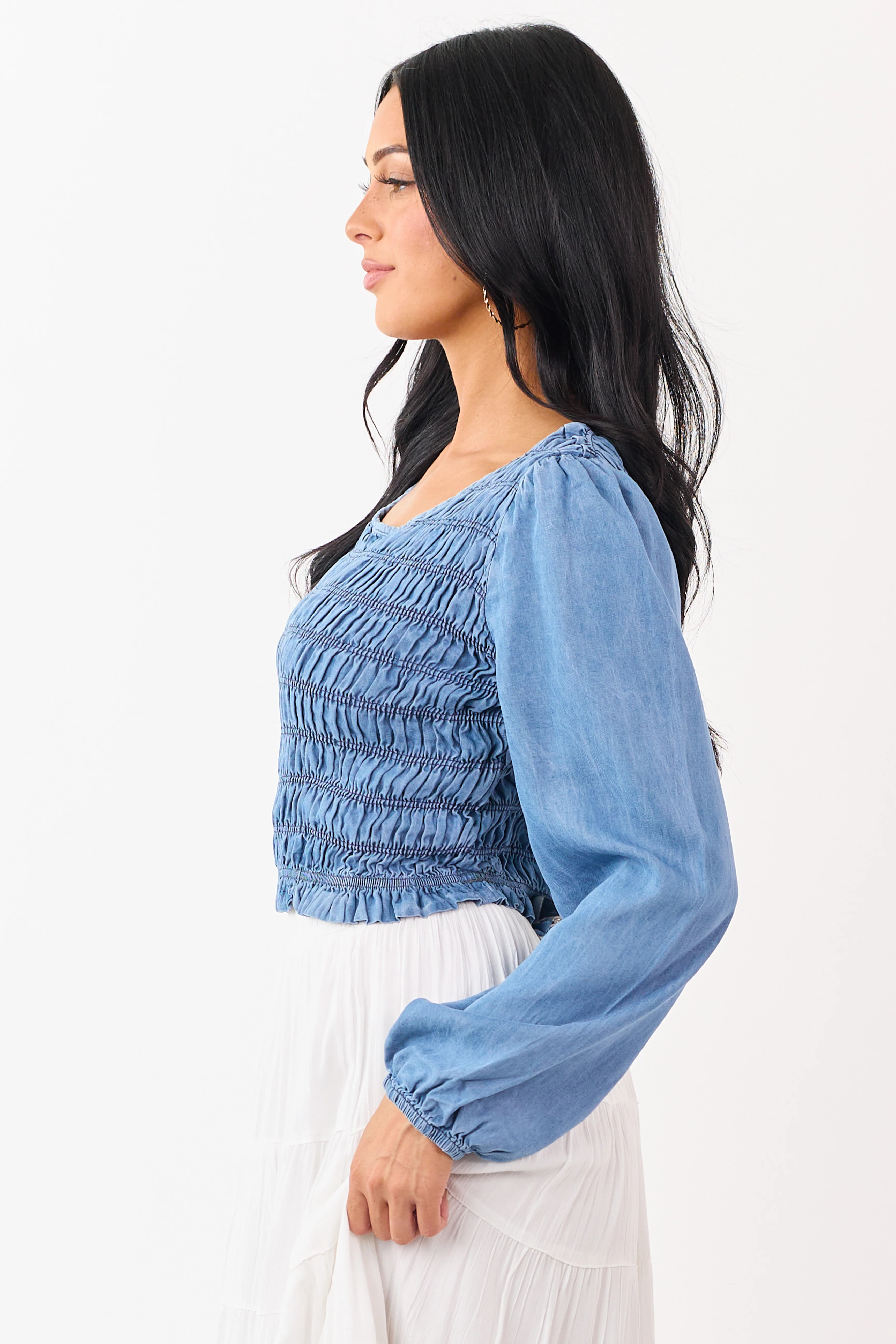 Medium Wash Denim Smocked Long Sleeve Blouse - Image 5