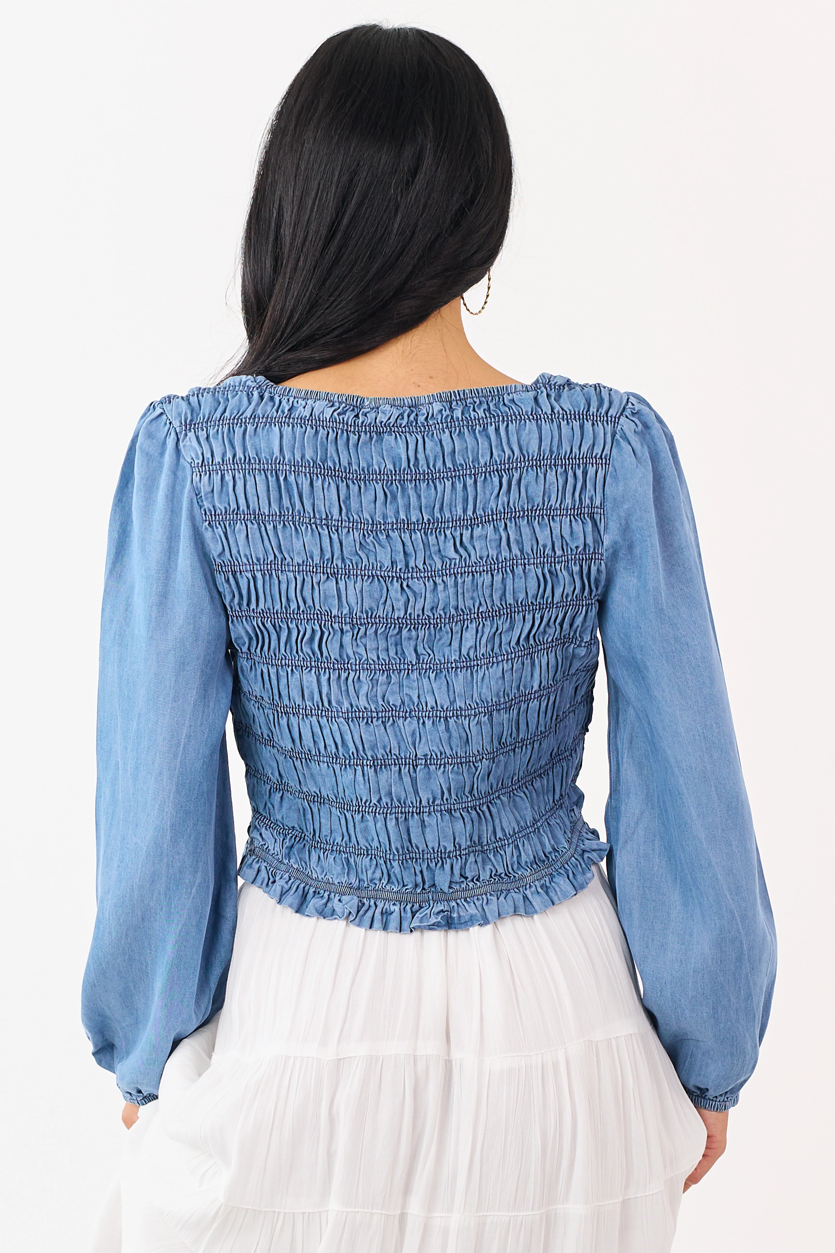 Medium Wash Denim Smocked Long Sleeve Blouse - Image 6