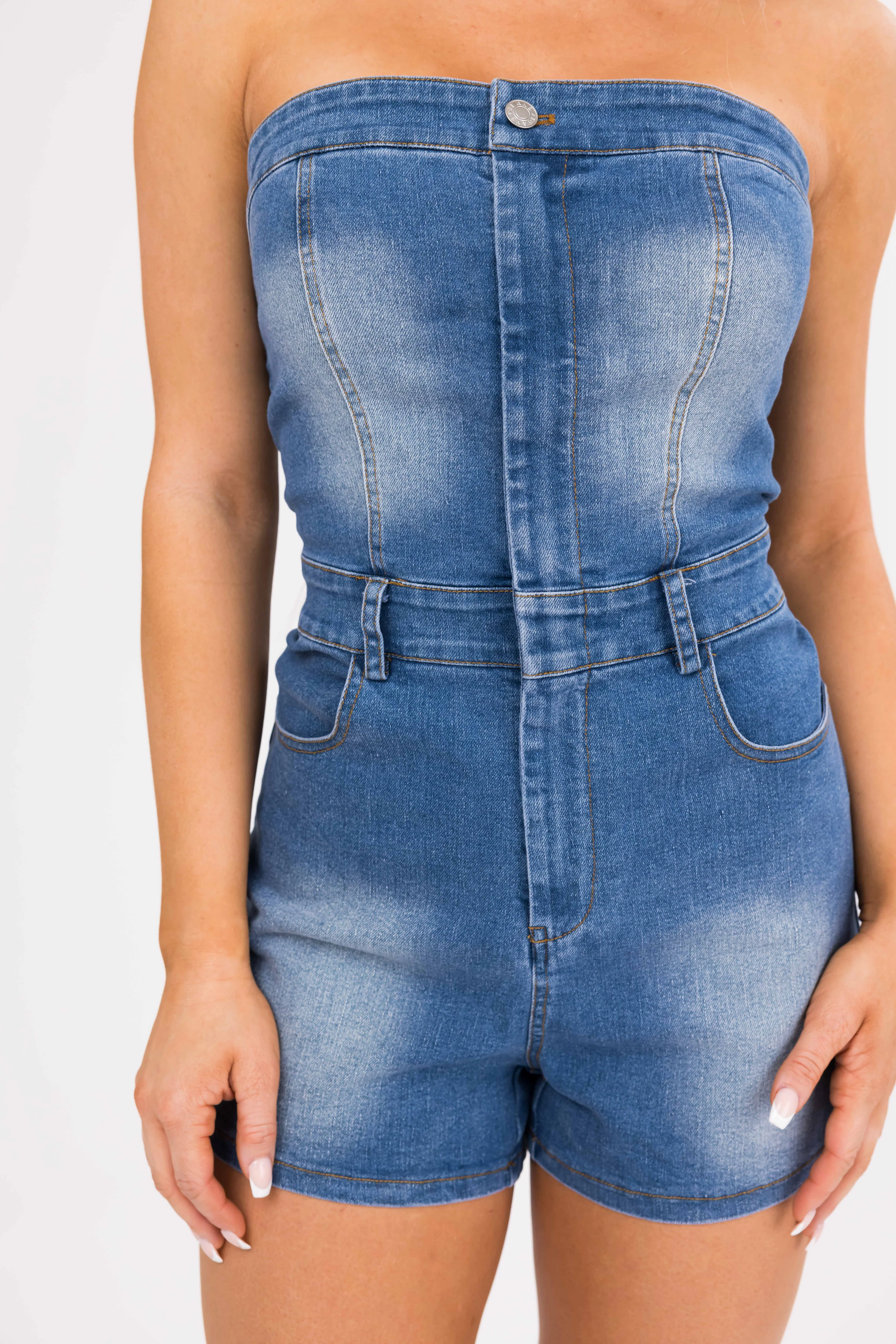 Medium Wash Denim Strapless Zip Up Romper - Image 6