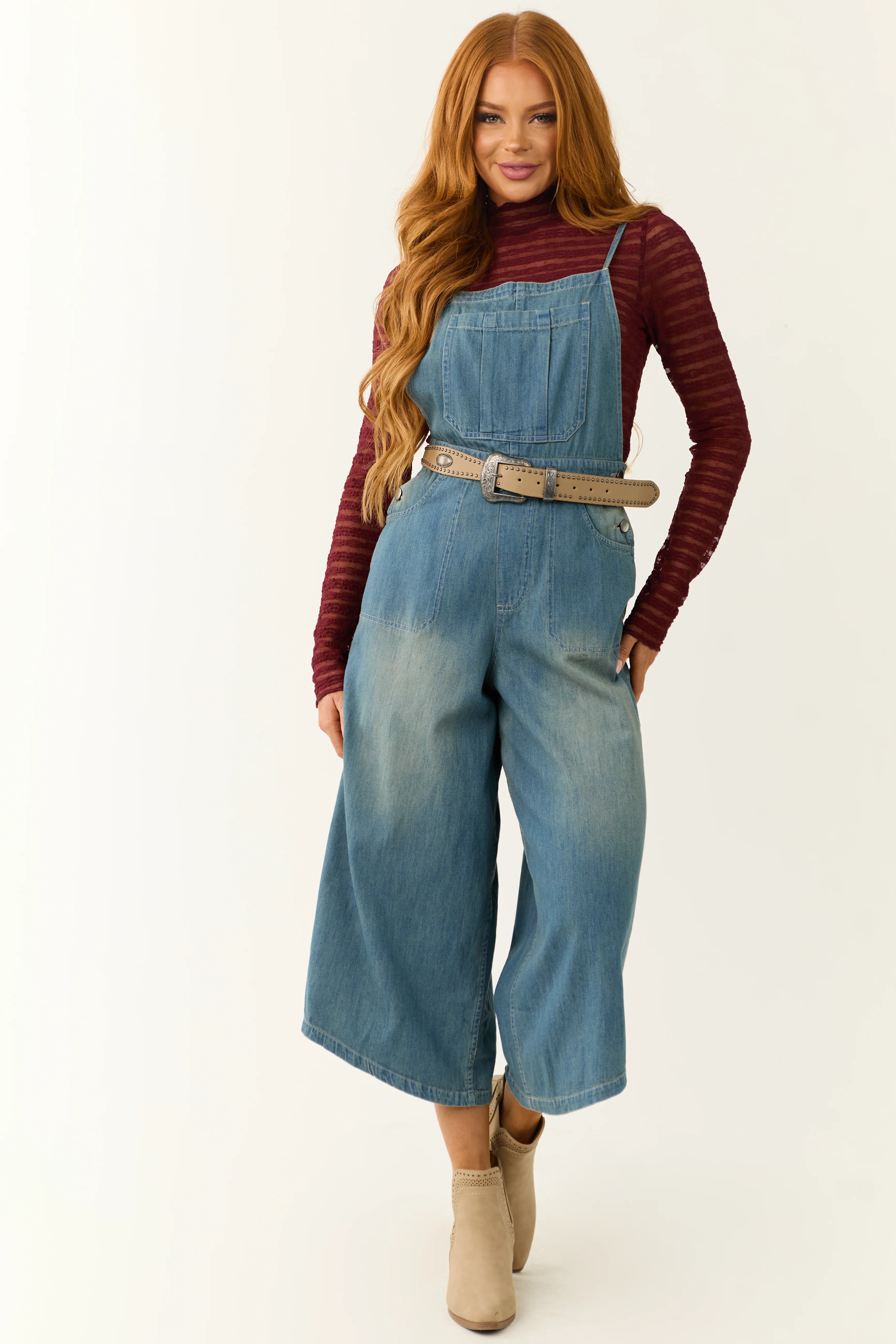 Medium Wash Denim Wide Leg Overalls Jumpsuit - Image 2