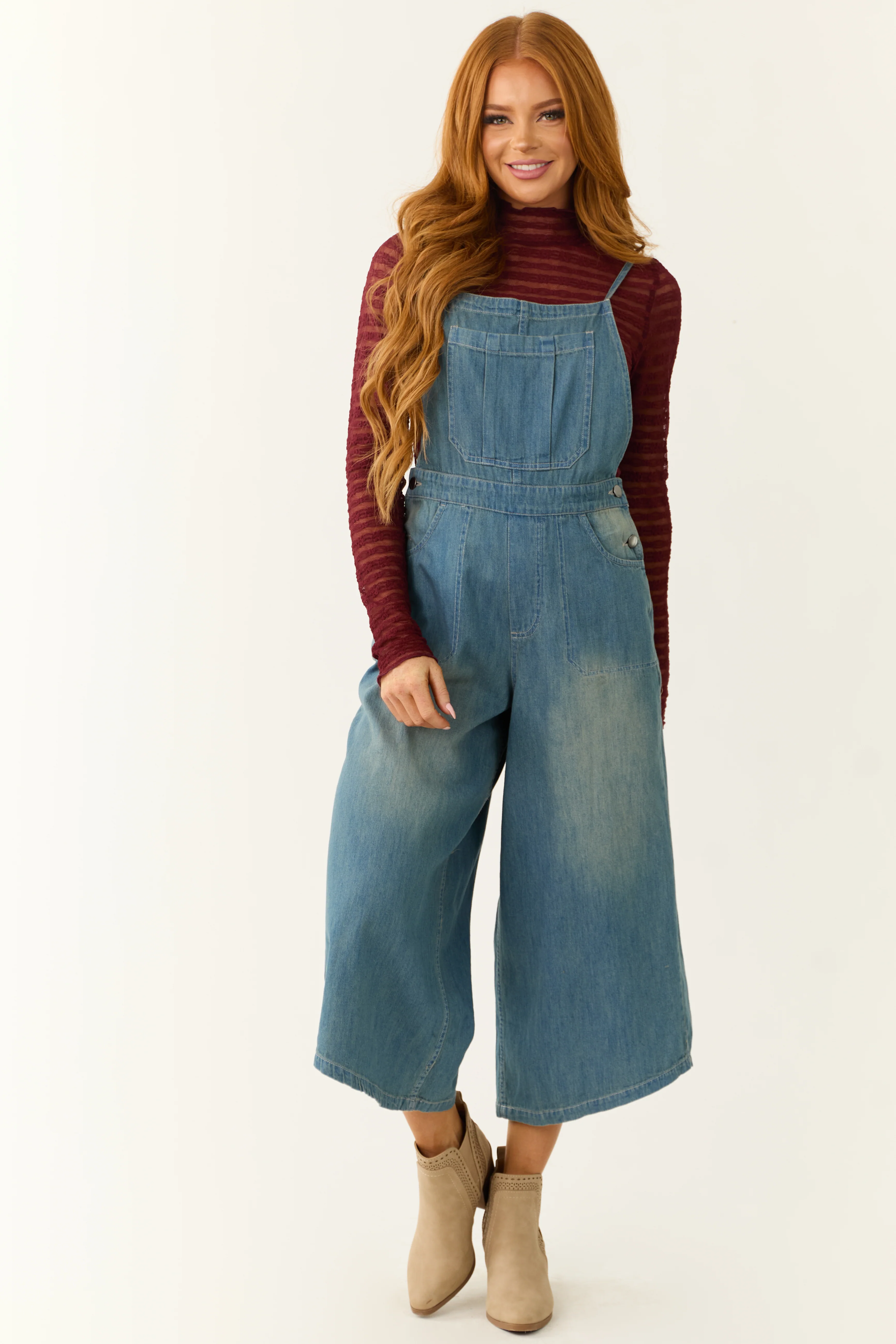 Medium Wash Denim Wide Leg Overalls Jumpsuit - Image 3