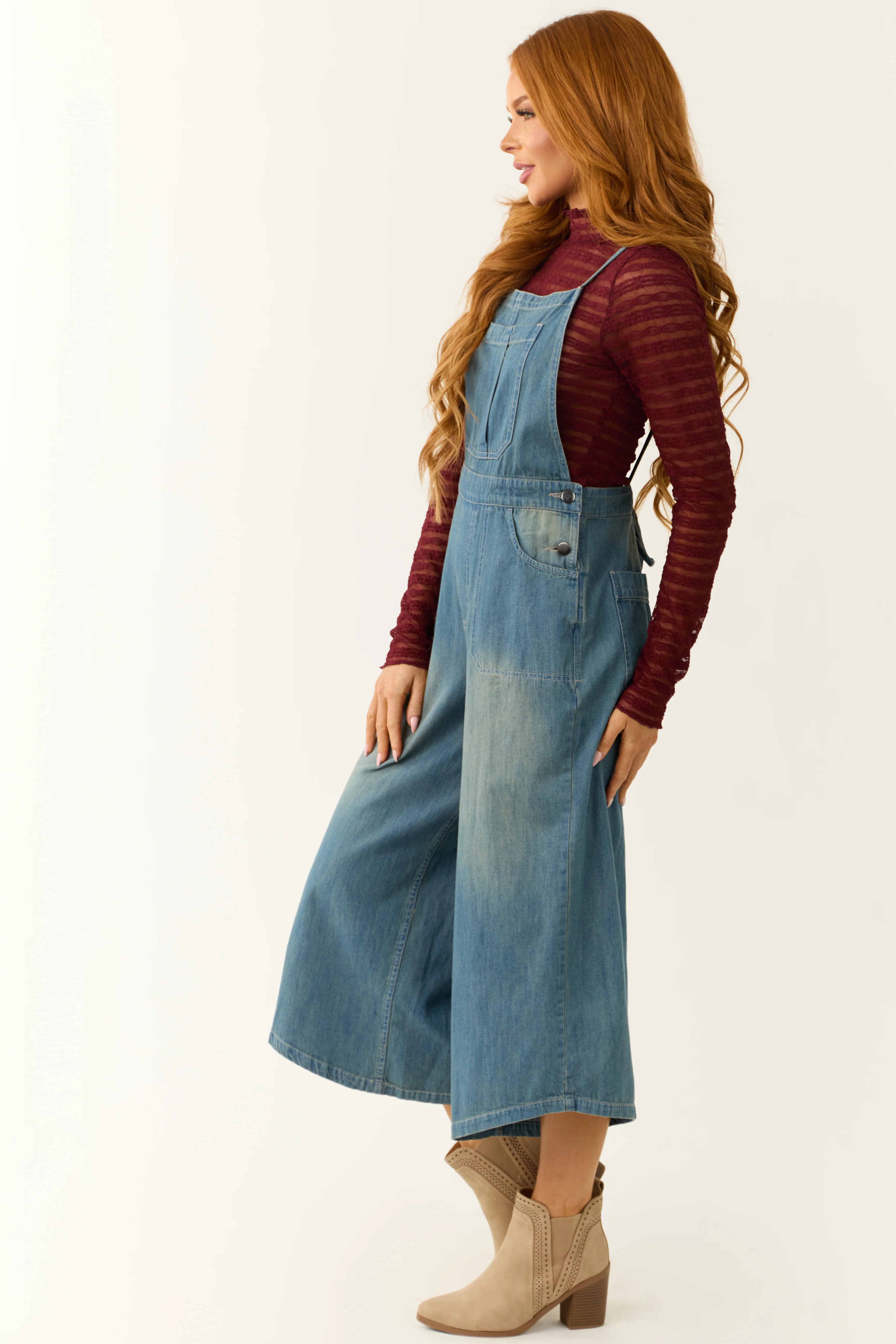 Medium Wash Denim Wide Leg Overalls Jumpsuit - Image 4