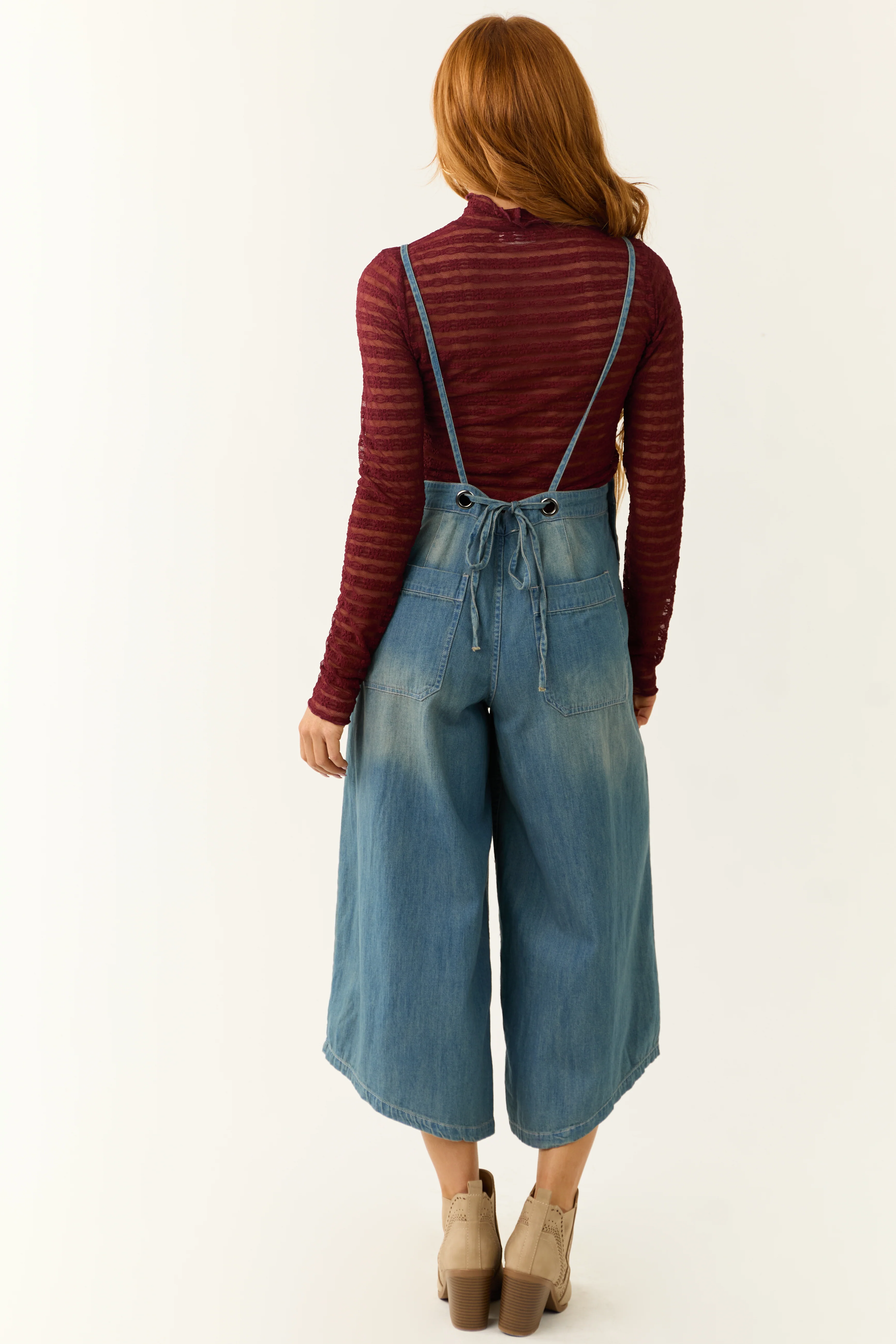 Medium Wash Denim Wide Leg Overalls Jumpsuit - Image 5