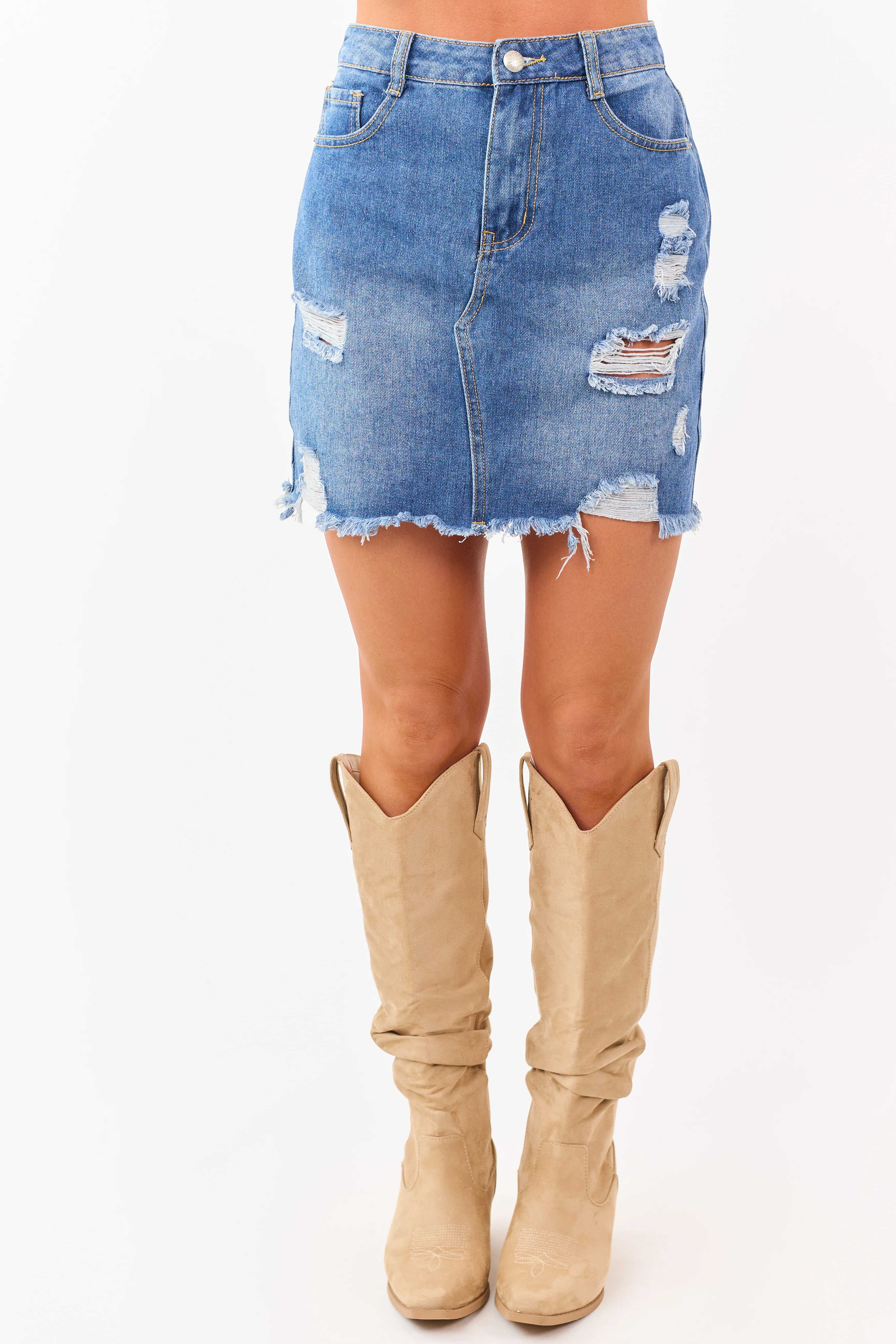 Medium Wash Distressed Raw Hem Denim Mini Skirt - Image 2
