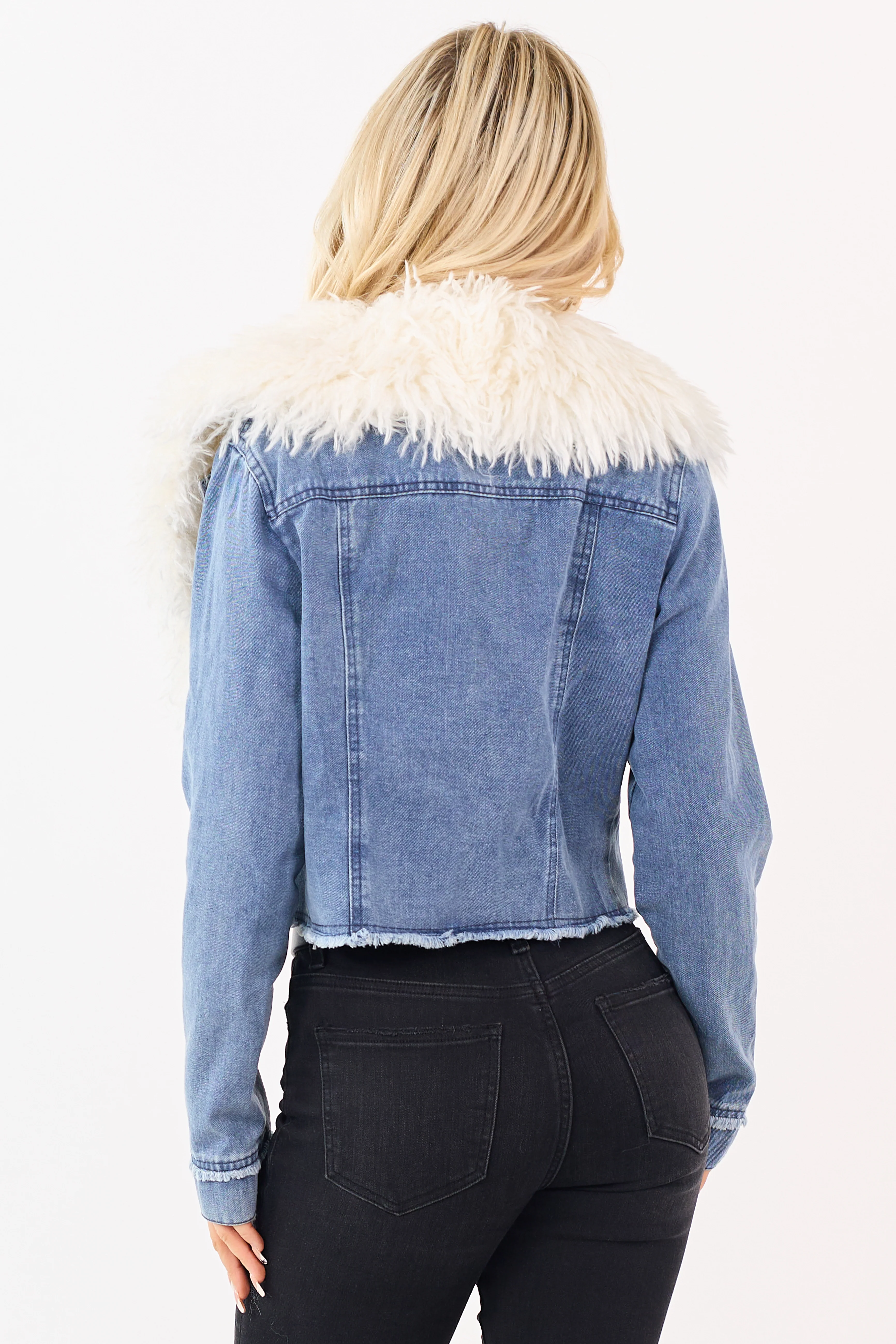 Medium Wash Faux Fur Collar Button Up Denim Jacket - Image 6