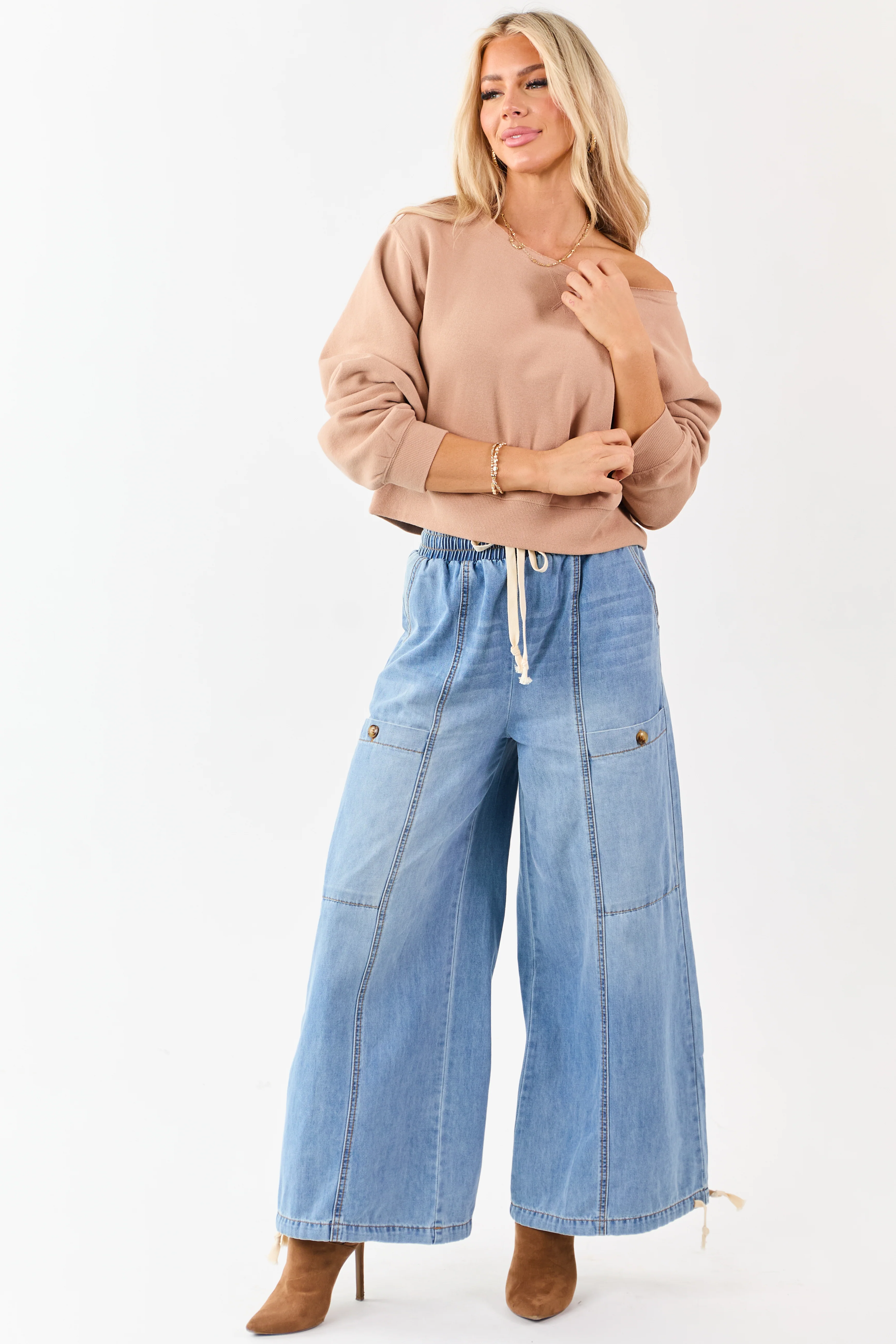 Medium Wash Lightweight Denim Wide Drawstring Pants - Image 6