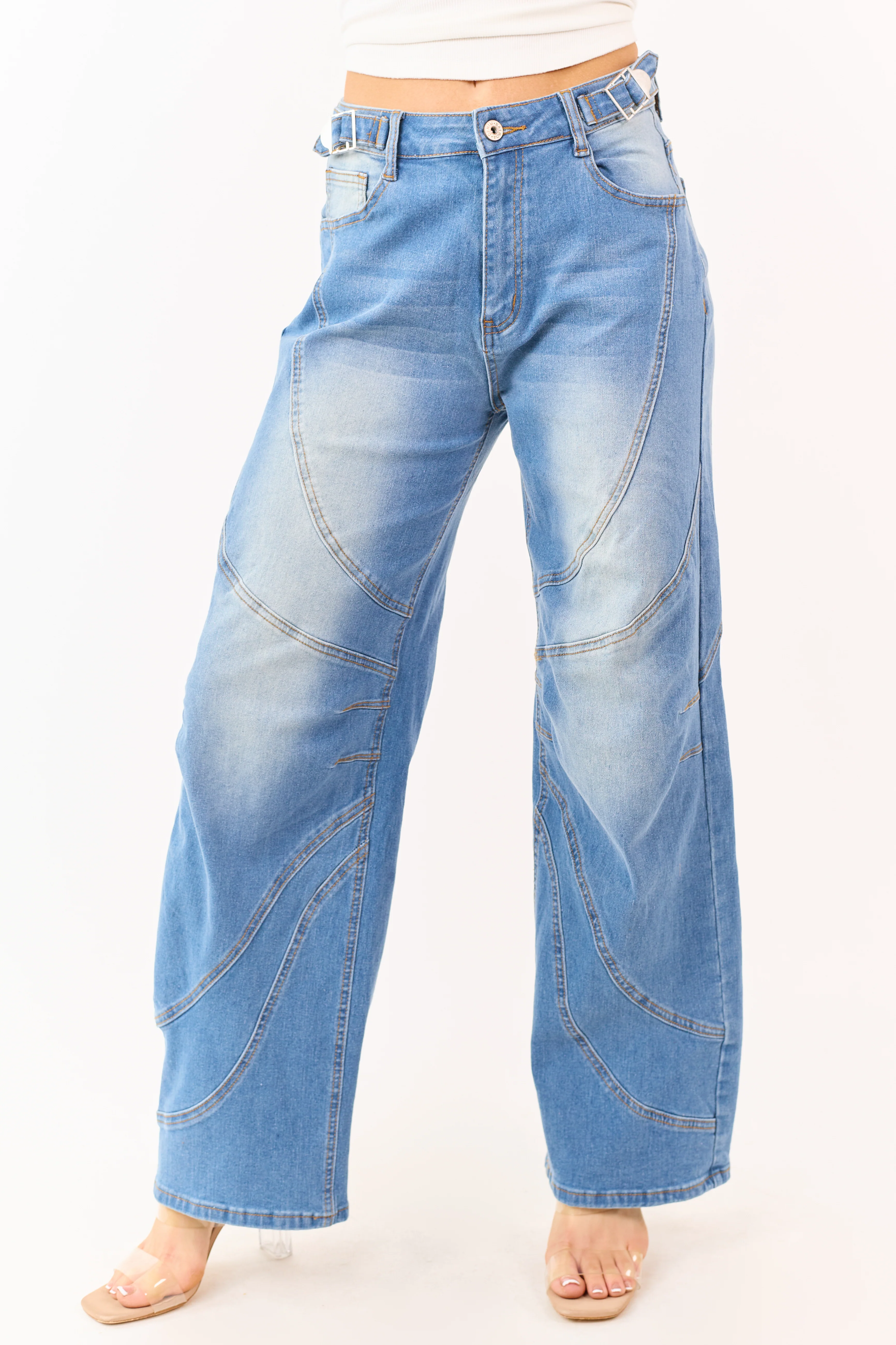 Medium Wash Seam Detailed Wide Leg Stretchy Jeans - Image 2