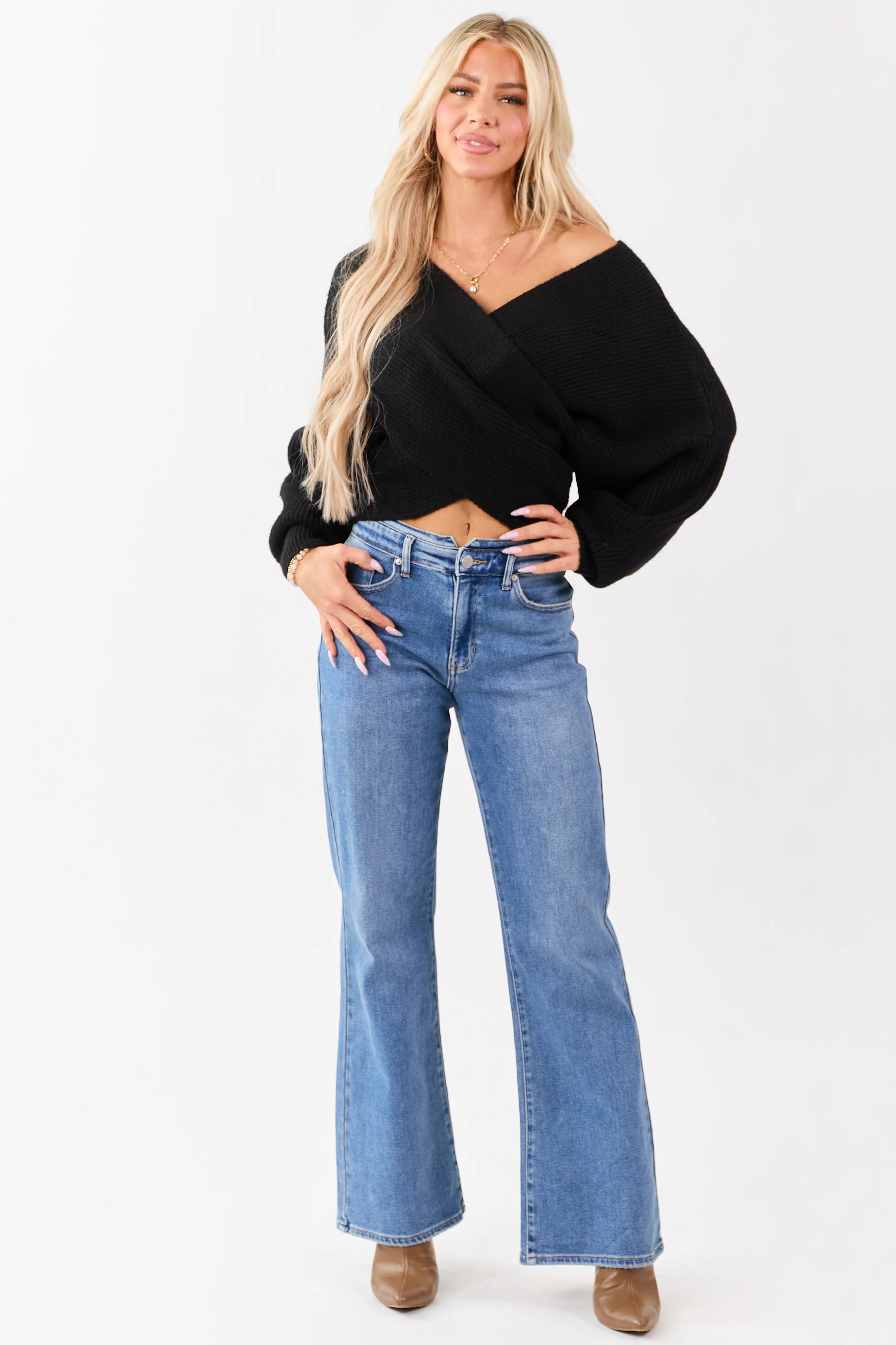 Medium Wash Waist Detail Stretchy Wide Leg Jeans - Image 2