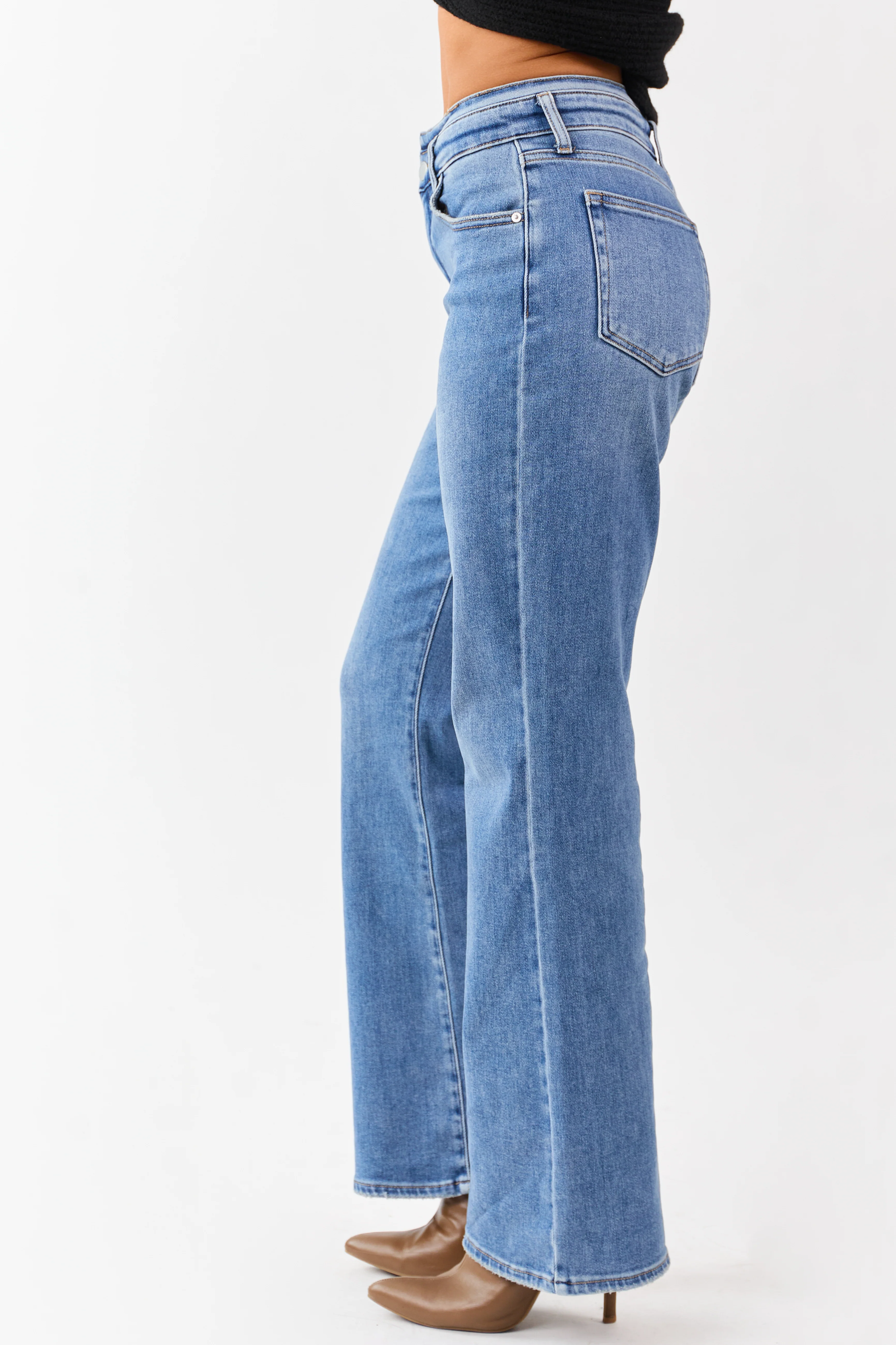 Medium Wash Waist Detail Stretchy Wide Leg Jeans - Image 3