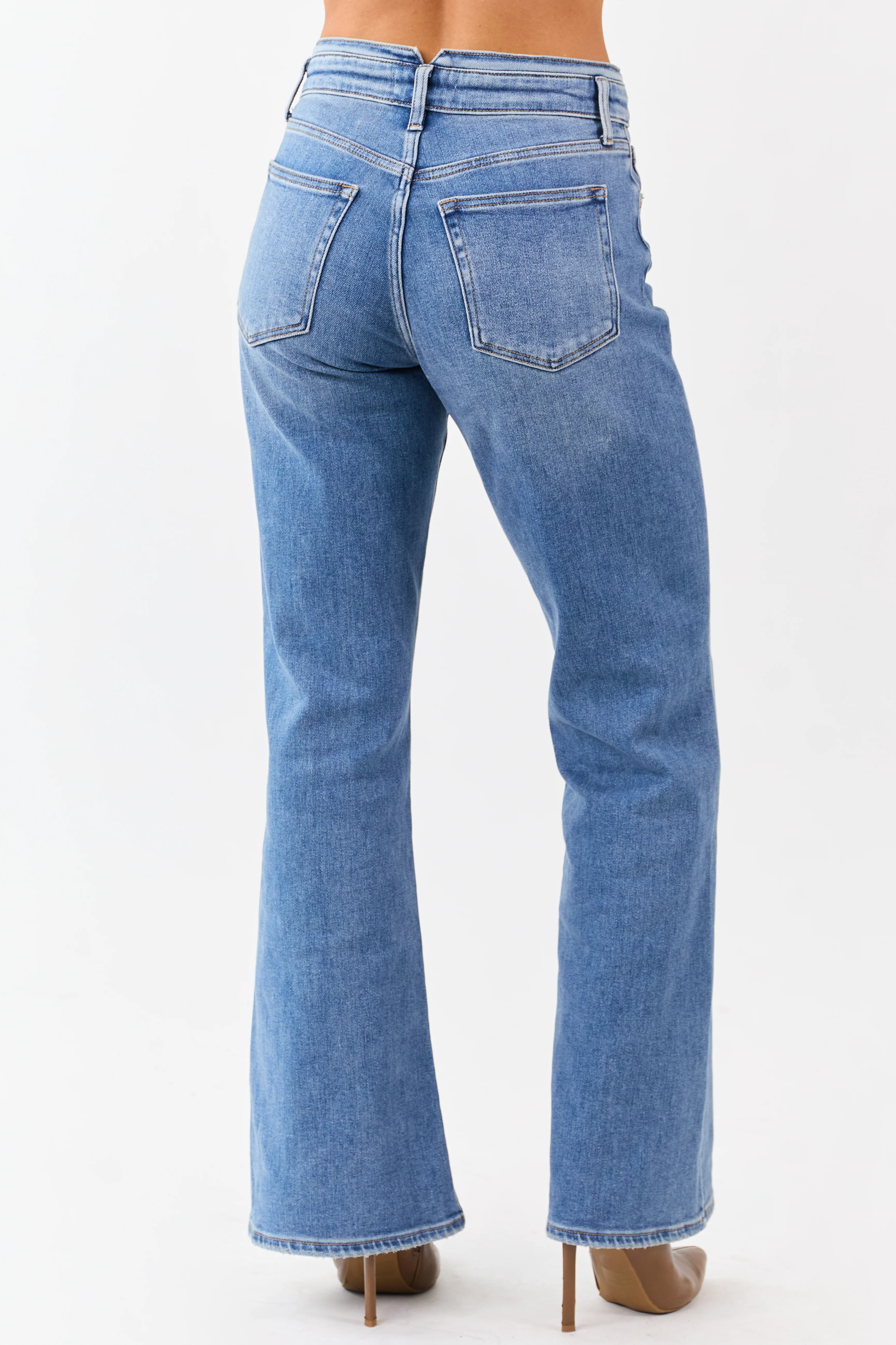 Medium Wash Waist Detail Stretchy Wide Leg Jeans - Image 4
