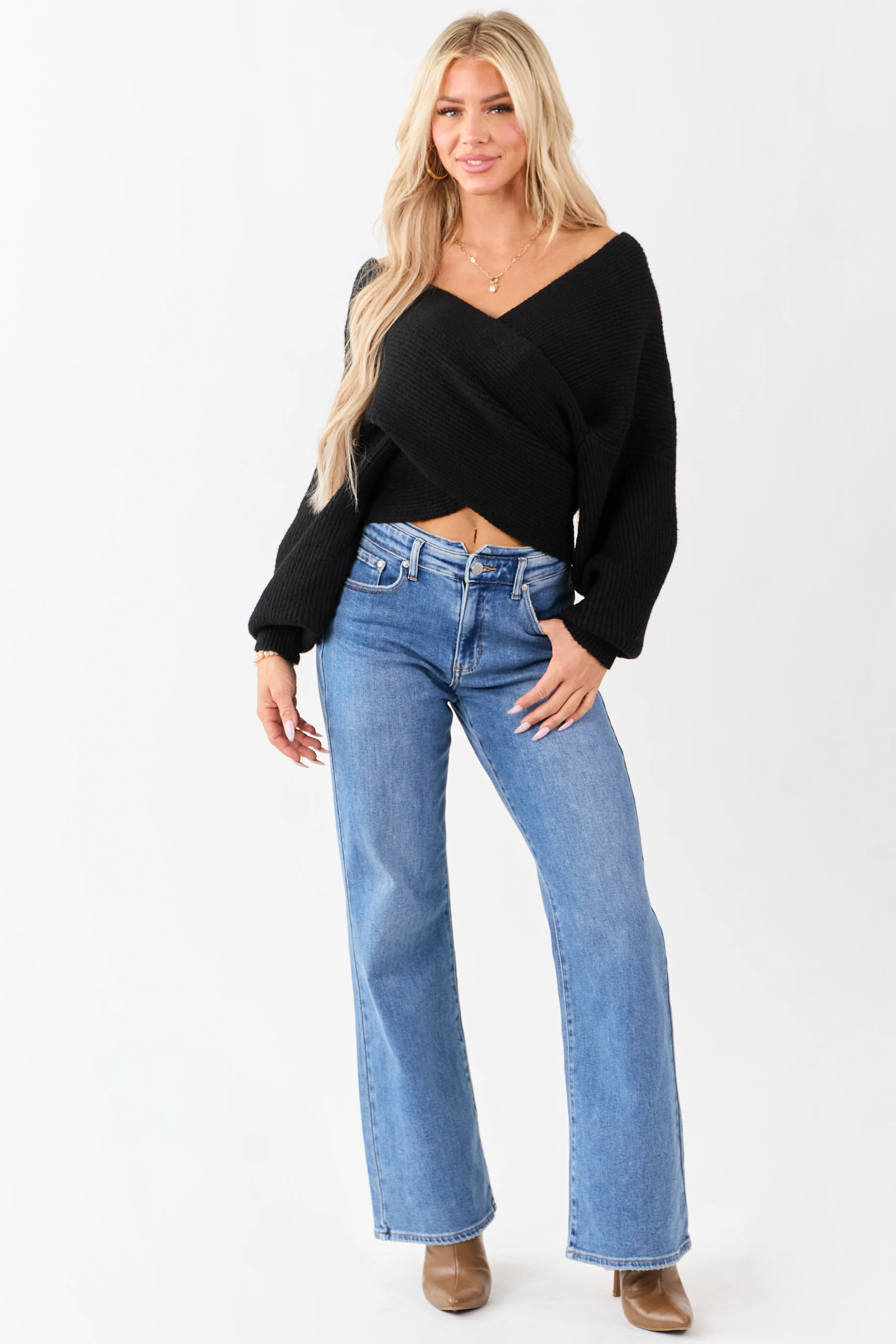 Medium Wash Waist Detail Stretchy Wide Leg Jeans - Image 5