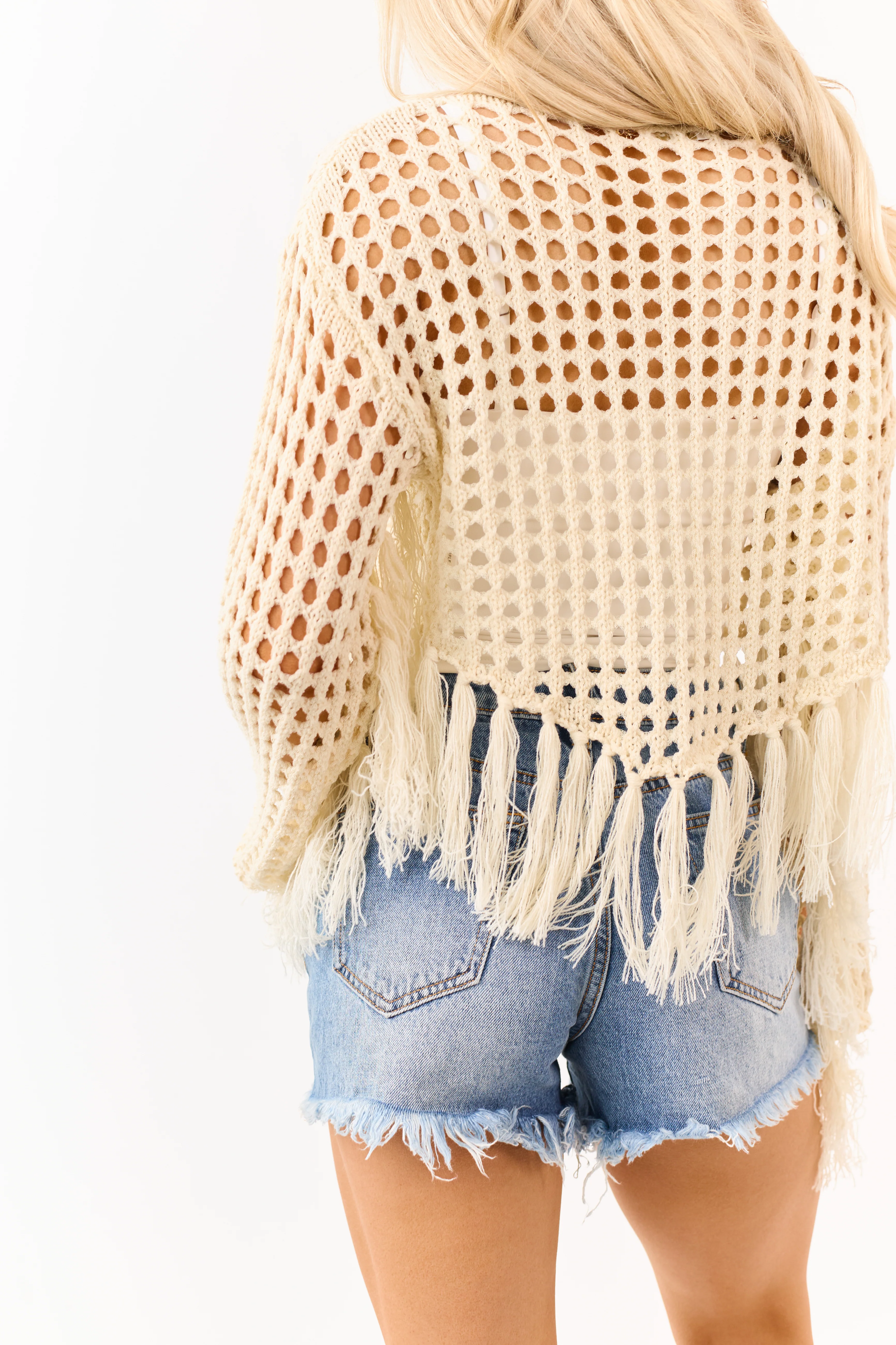 Mello Cream Fishnet Tassel Trim Boat Neck Sweater - Image 7