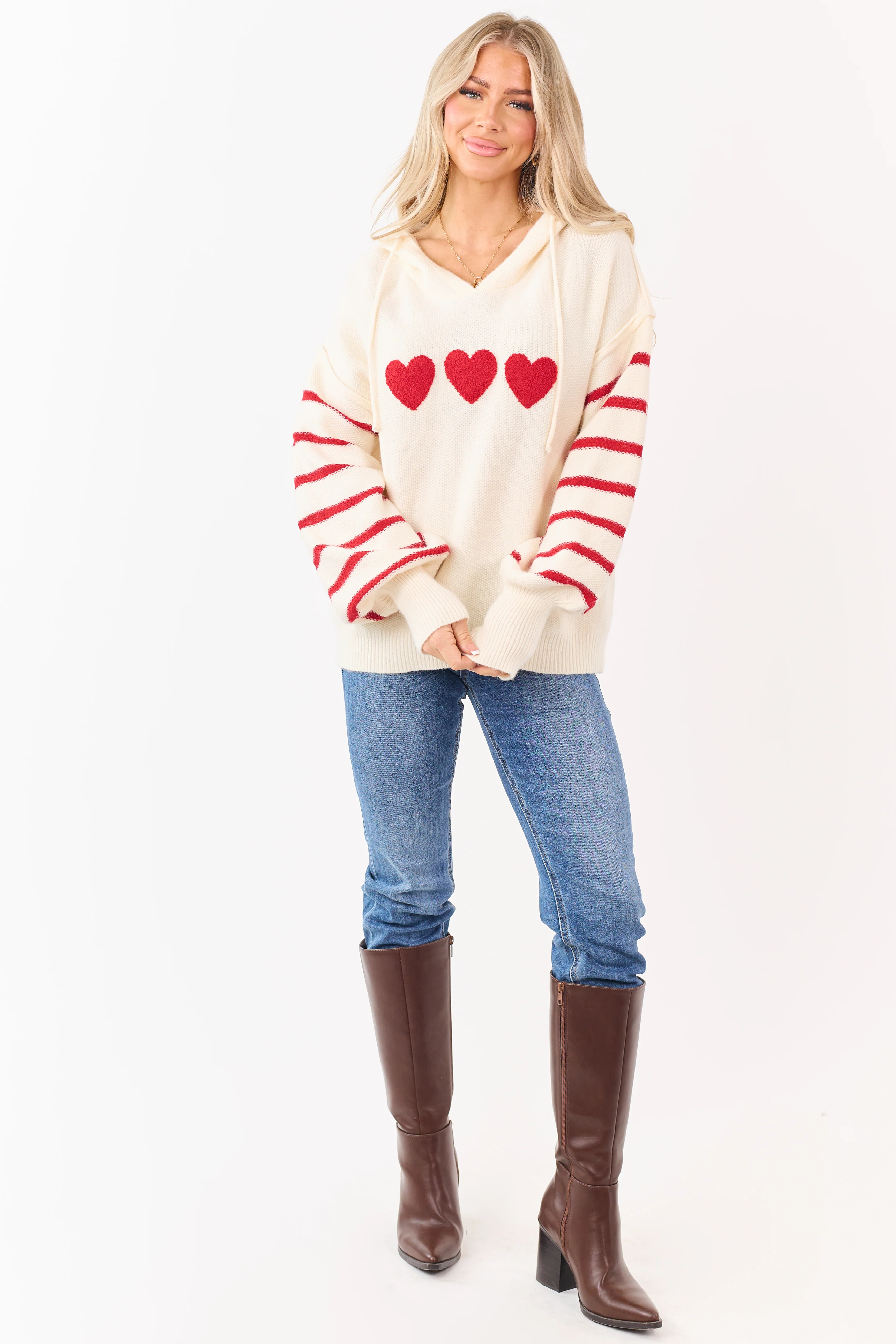 Mello Cream Heart Patch Stripe Sleeve Hooded Sweater - Image 3