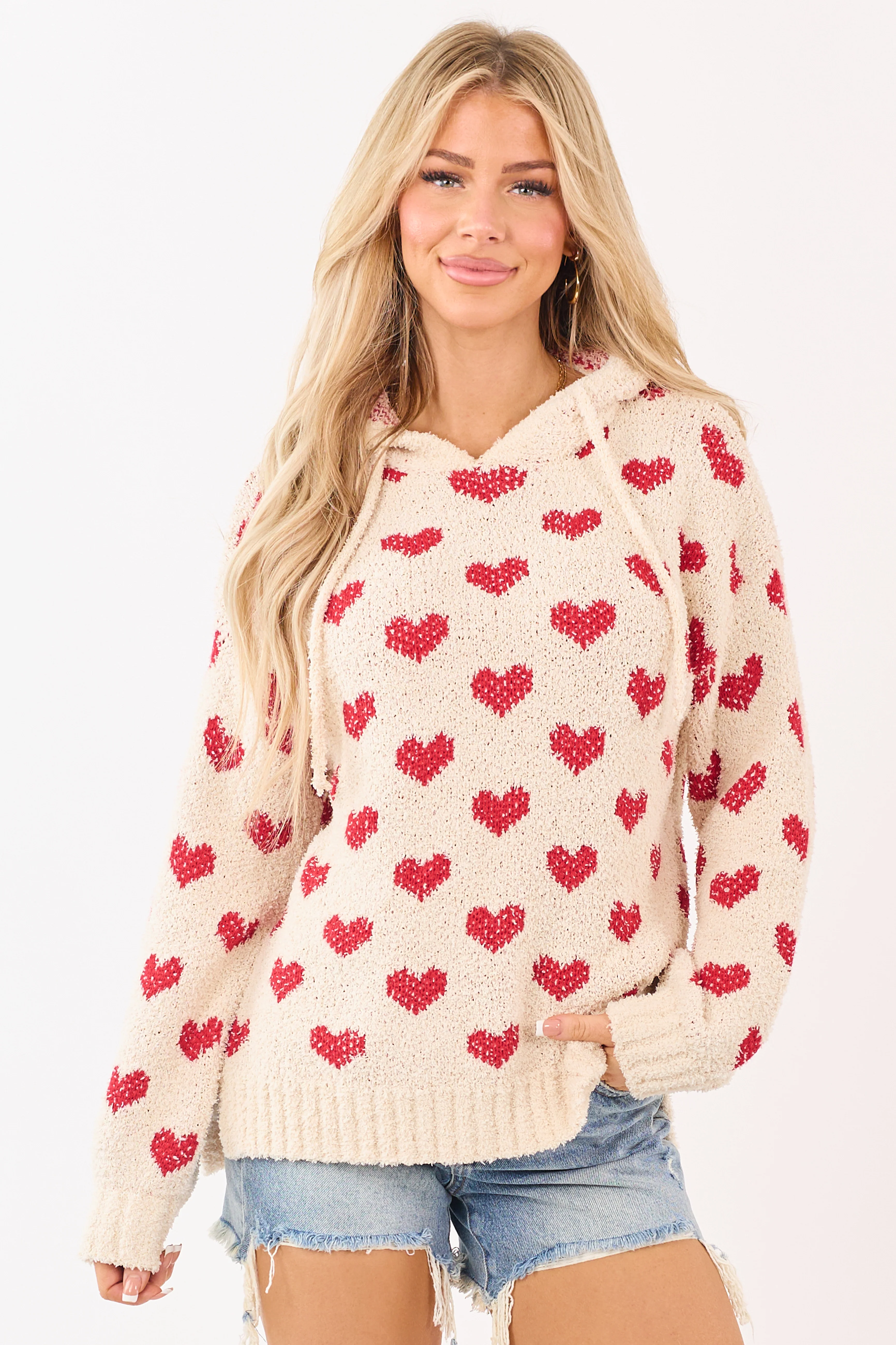 Mello Cream Heart Pattern Knit Sweater Hoodie