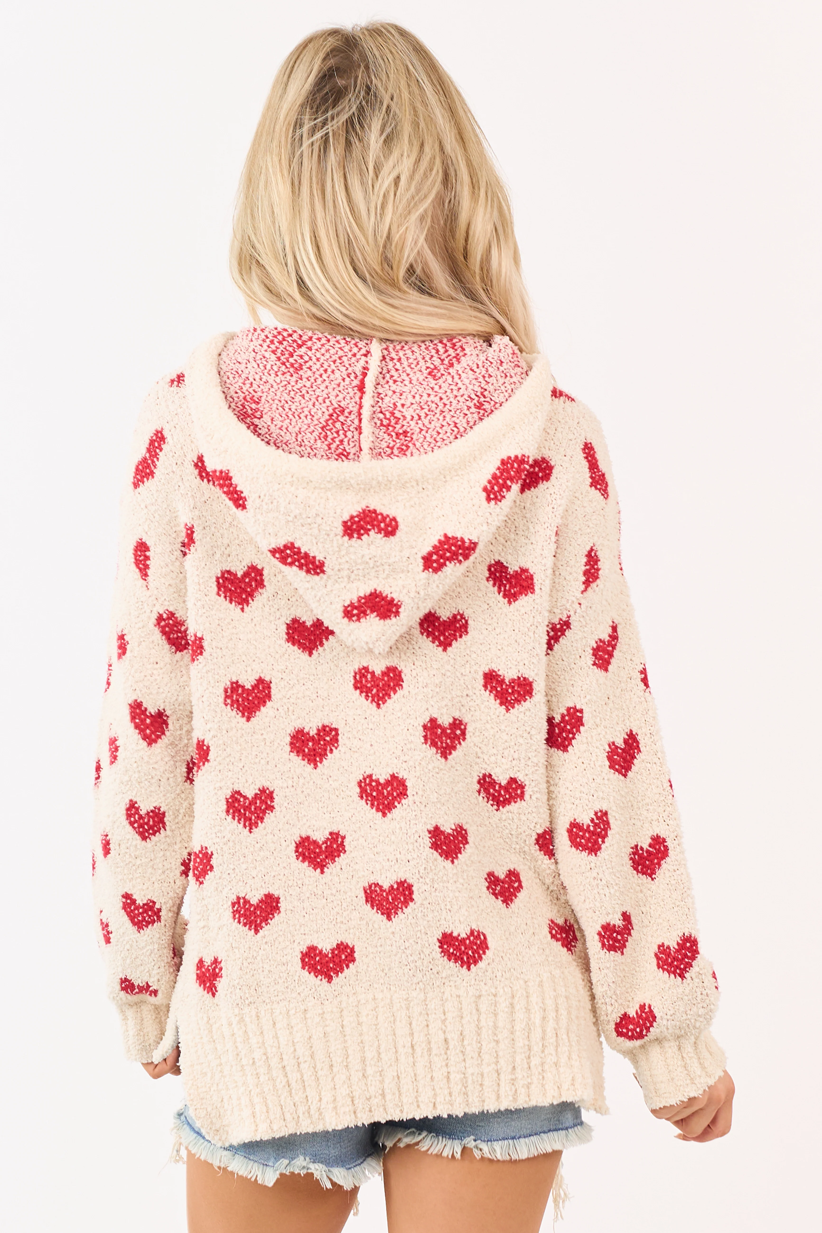 Mello Cream Heart Pattern Knit Sweater Hoodie - Image 5