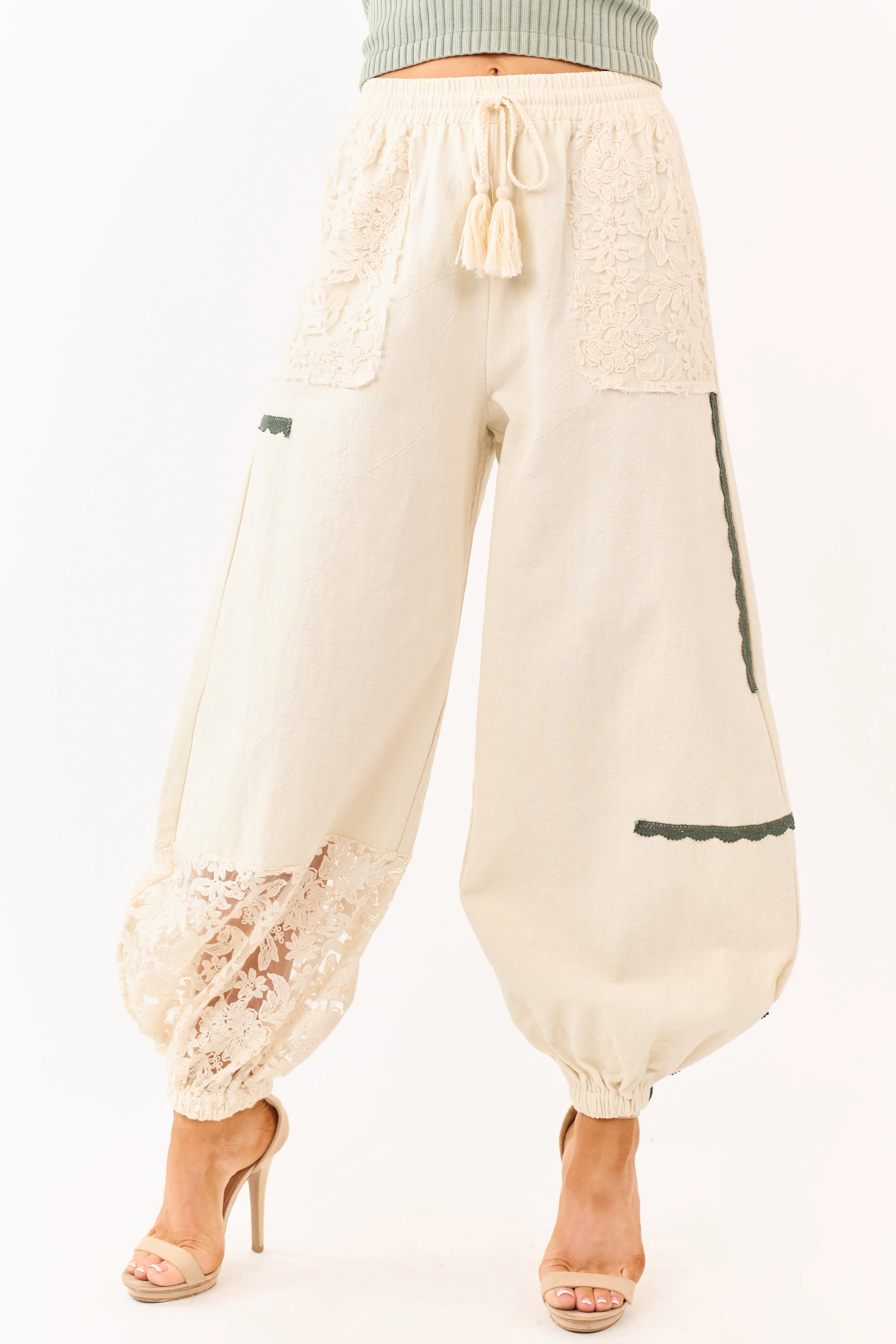 Mello Cream Lace Detail Cotton Jogger Pants - Image 2