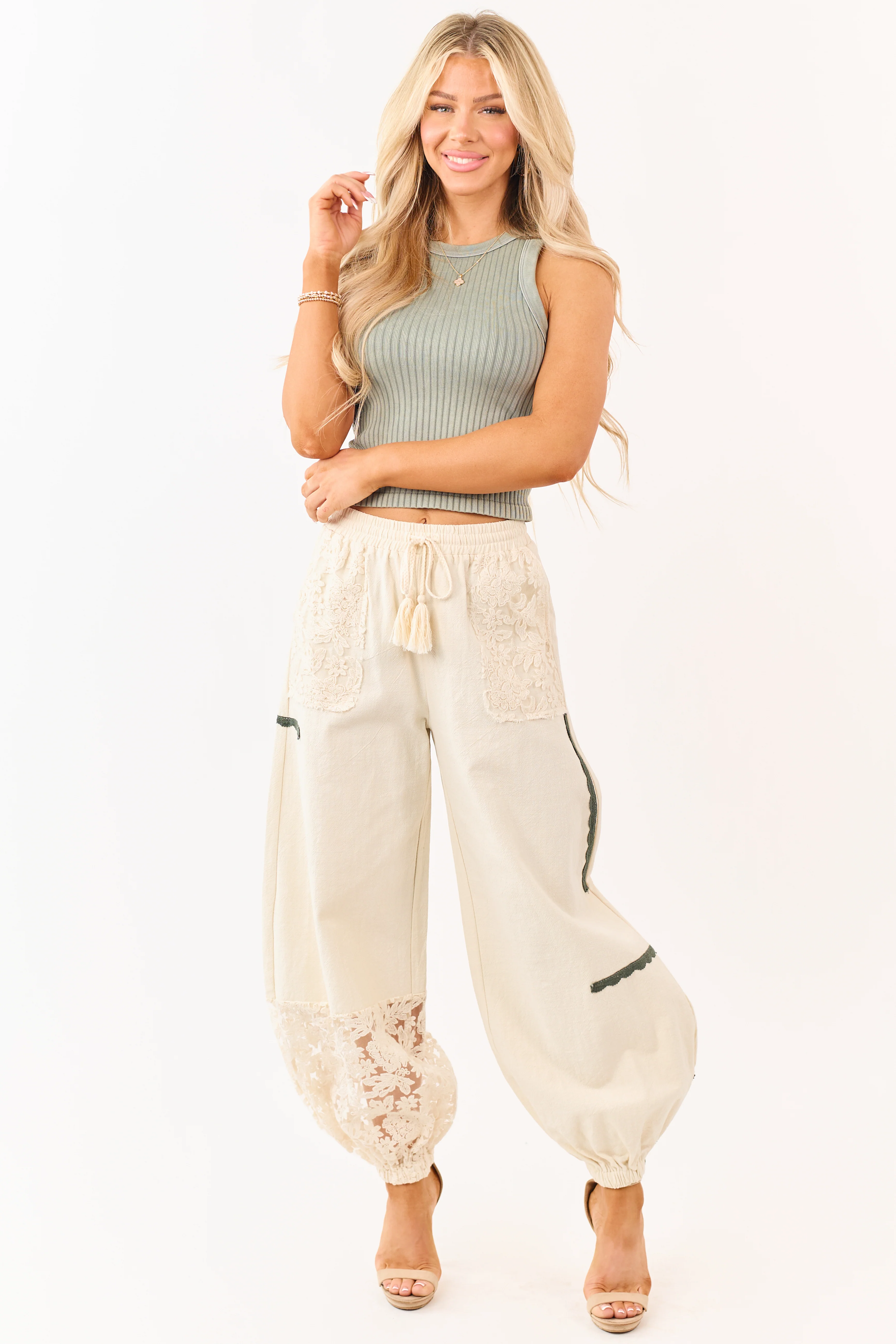 Mello Cream Lace Detail Cotton Jogger Pants - Image 6