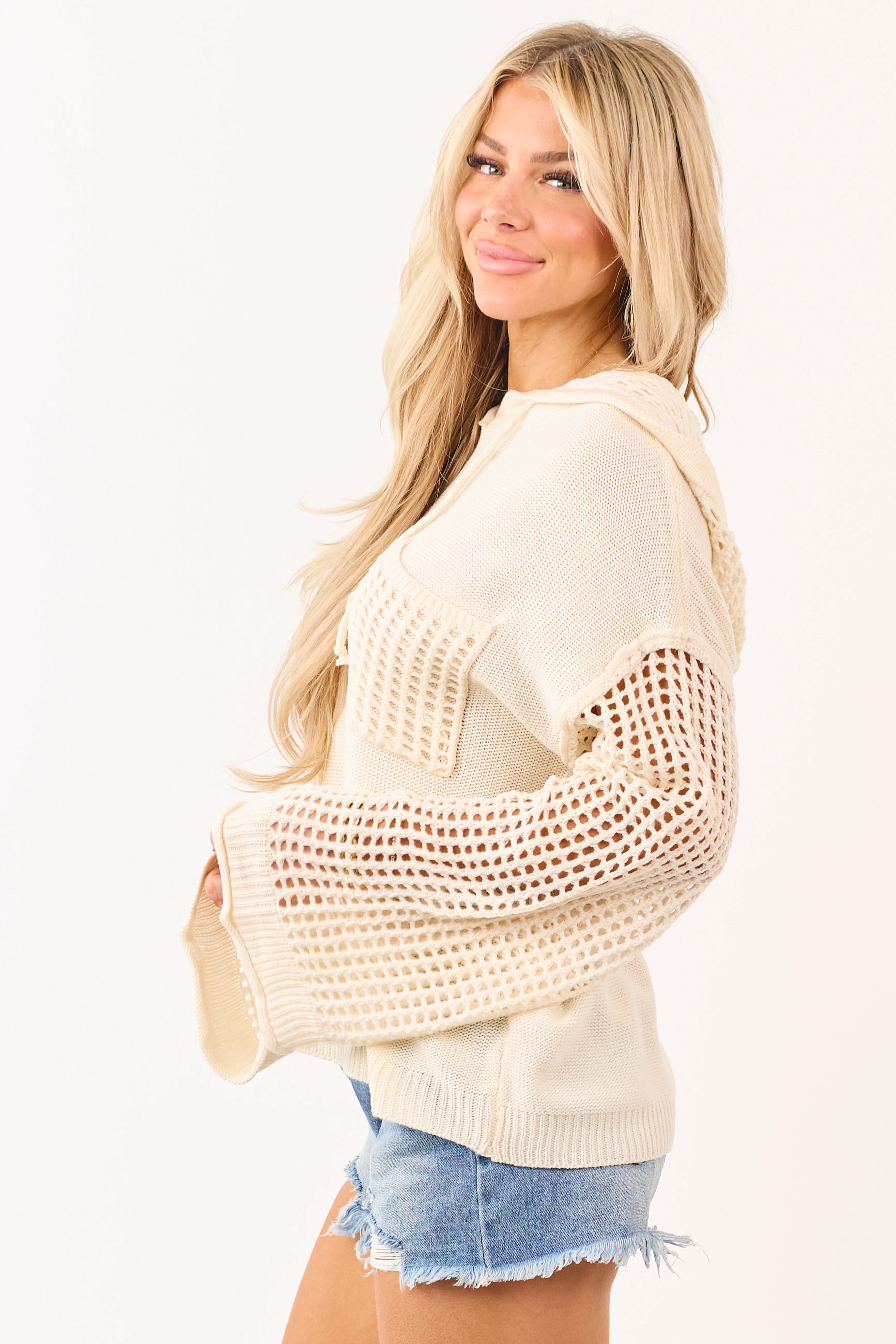 Mello Cream Open Crochet Knit Hooded Sweater - Image 4