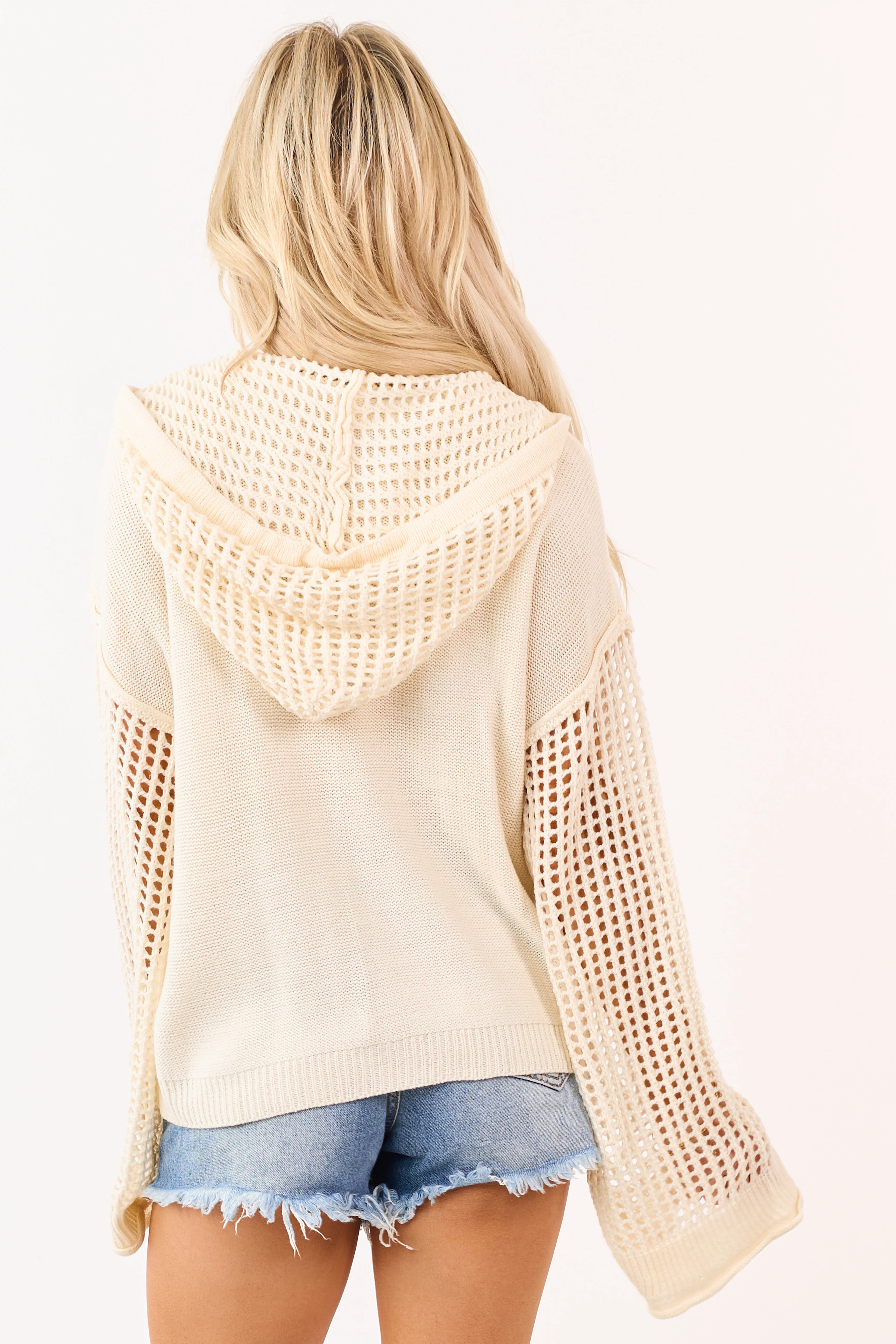 Mello Cream Open Crochet Knit Hooded Sweater - Image 5