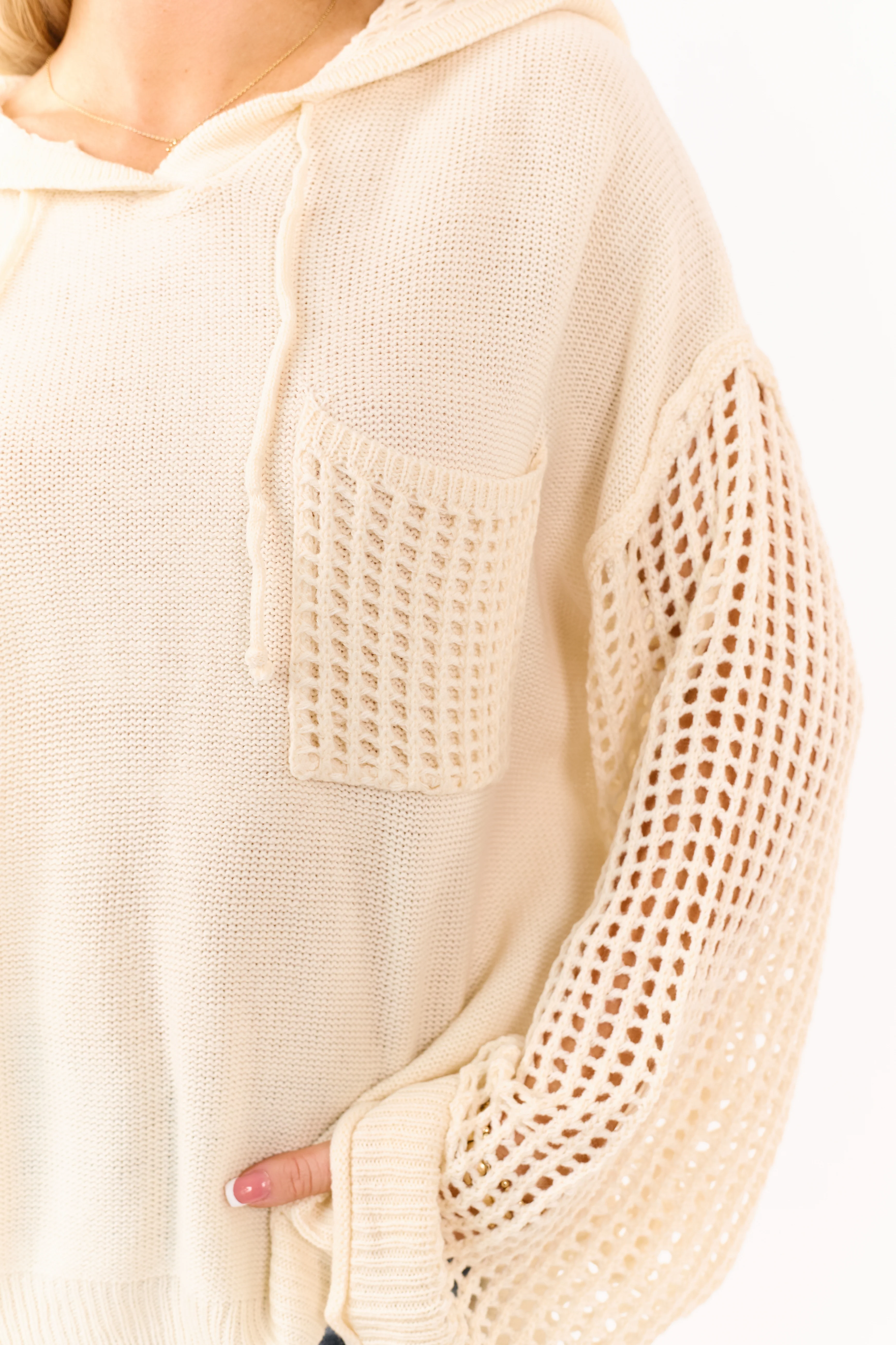 Mello Cream Open Crochet Knit Hooded Sweater - Image 6