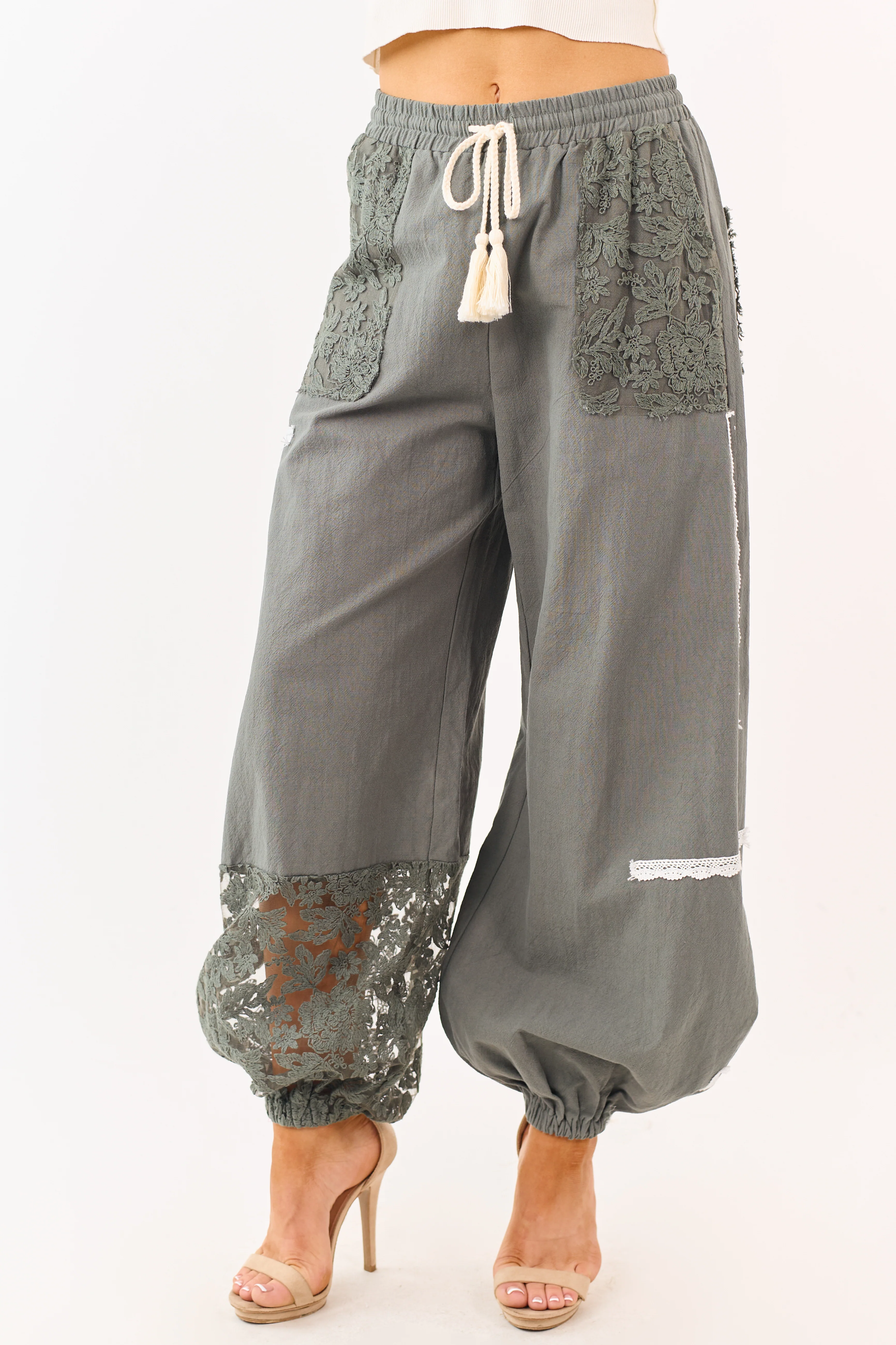 Mello Forest Green Lace Detail Cotton Jogger Pants - Image 2