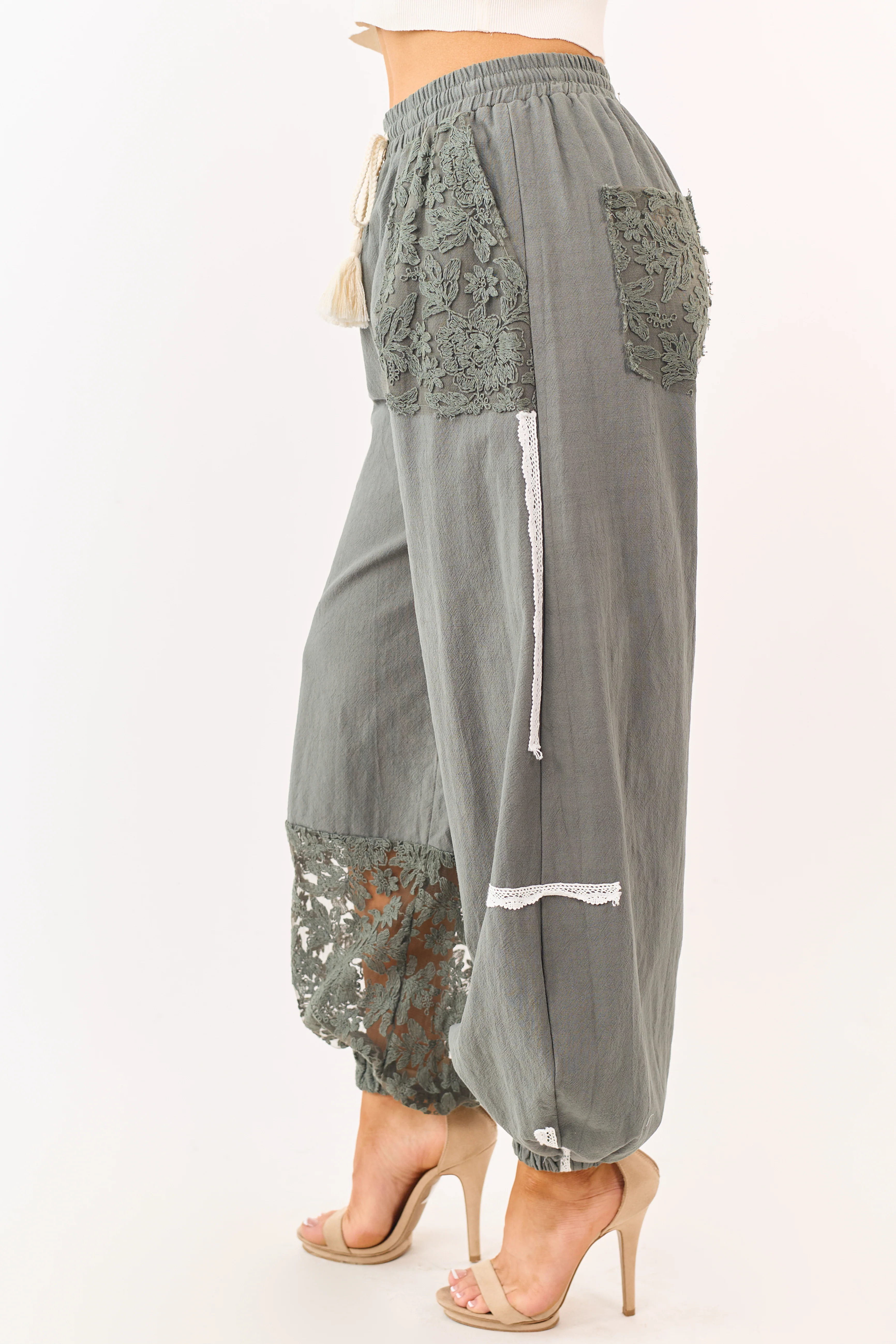 Mello Forest Green Lace Detail Cotton Jogger Pants - Image 3