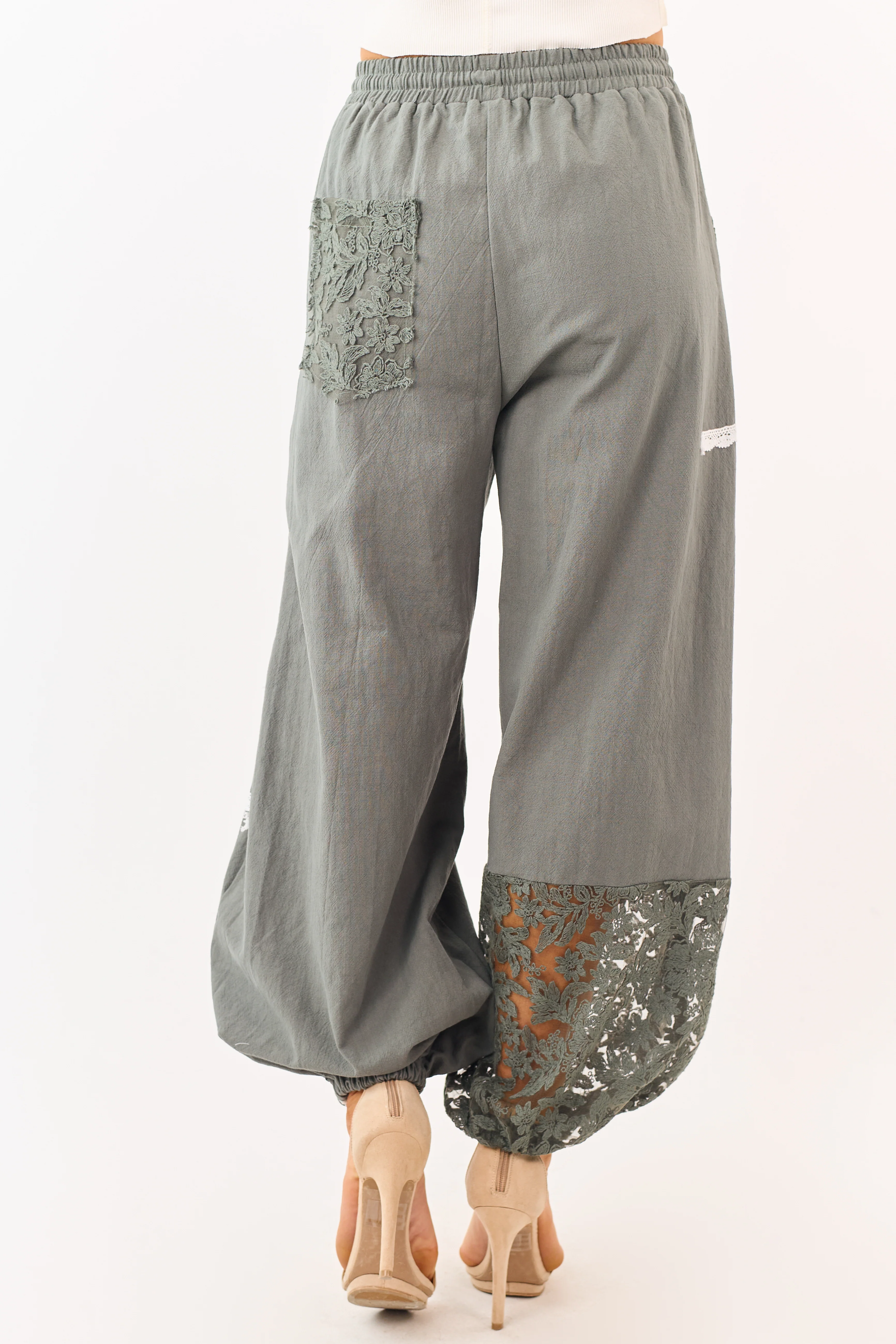 Mello Forest Green Lace Detail Cotton Jogger Pants - Image 4