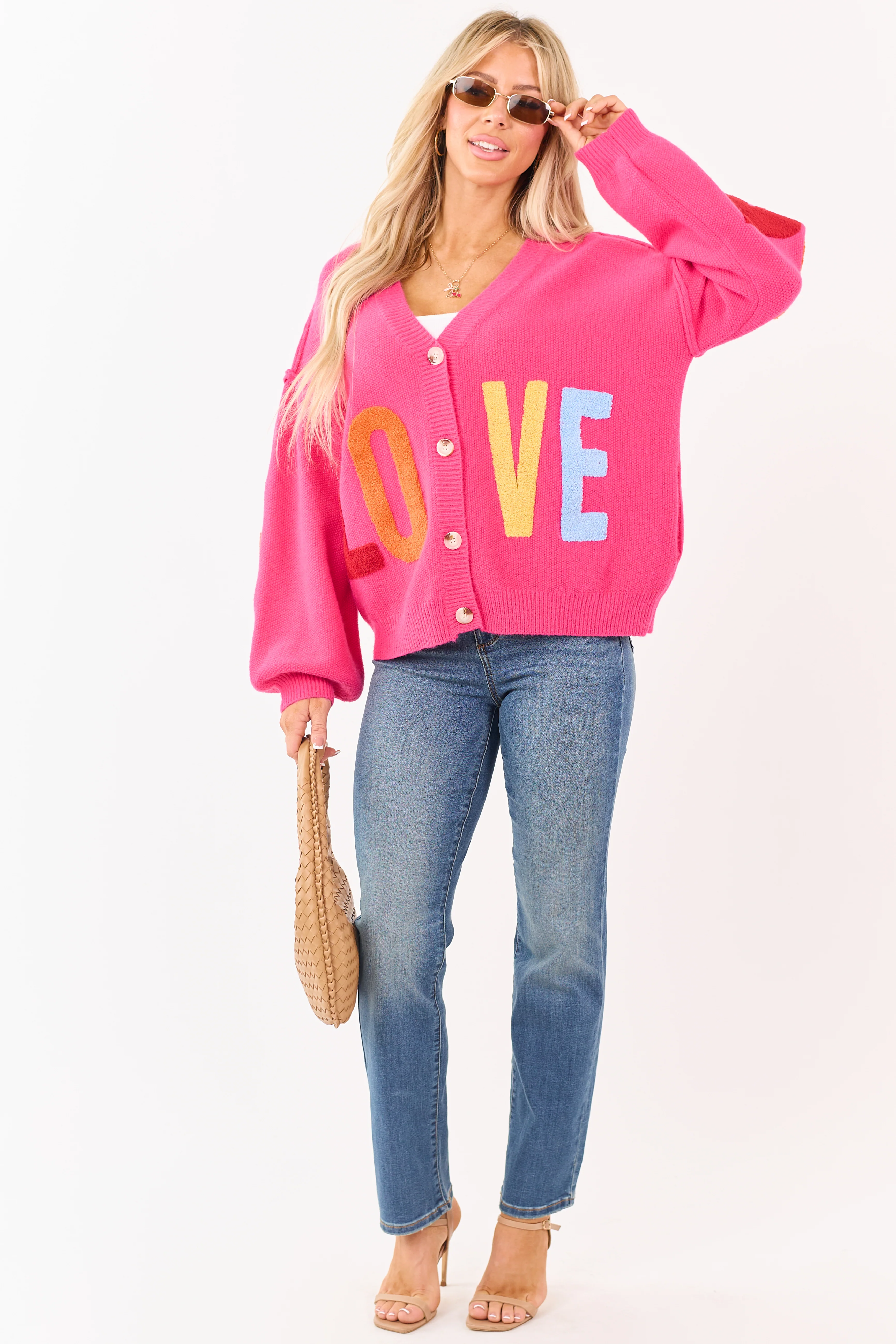 Mello Hot Pink 'Love' Lettering Heart Patchwork Cardigan - Image 4