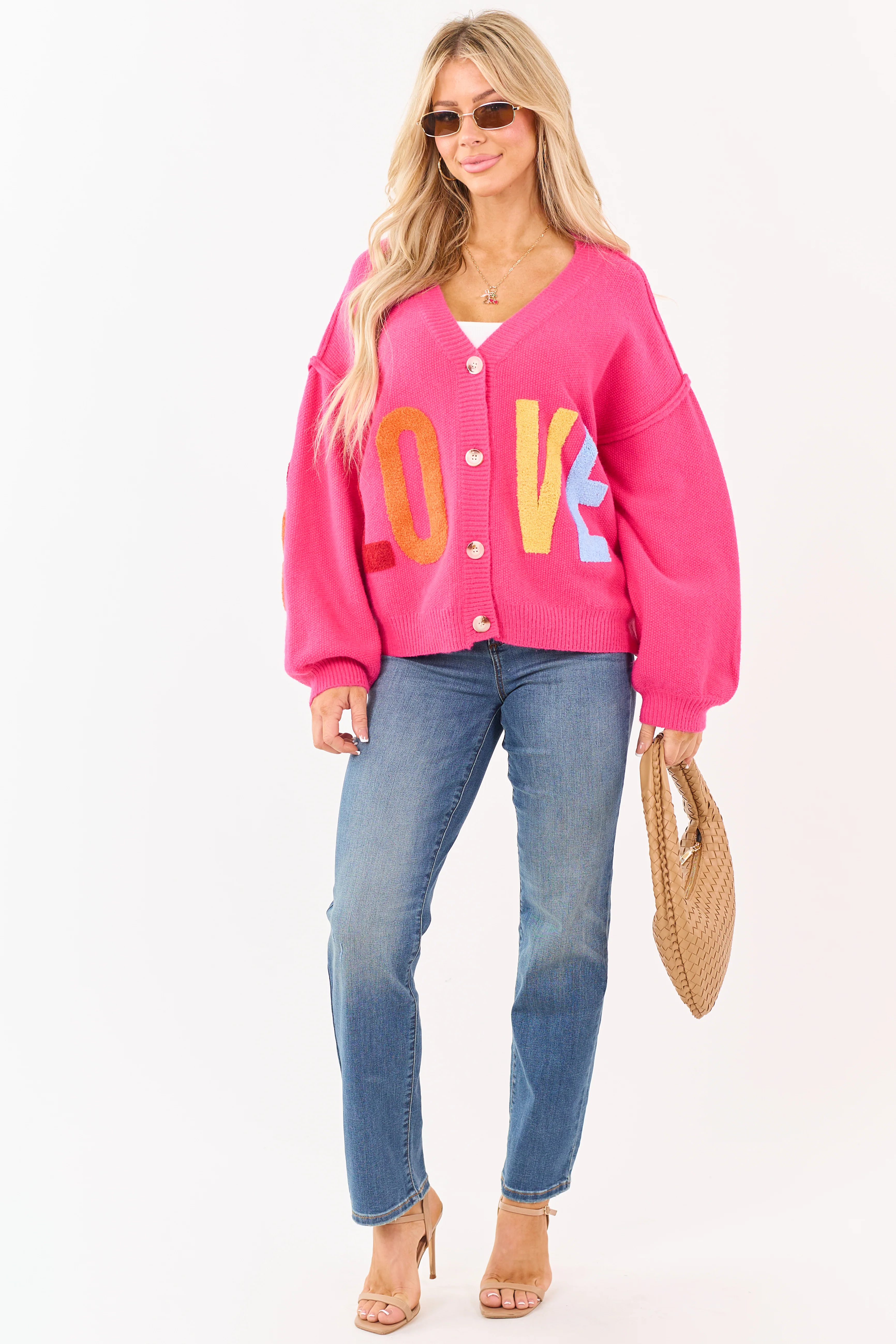 Mello Hot Pink 'Love' Lettering Heart Patchwork Cardigan - Image 5