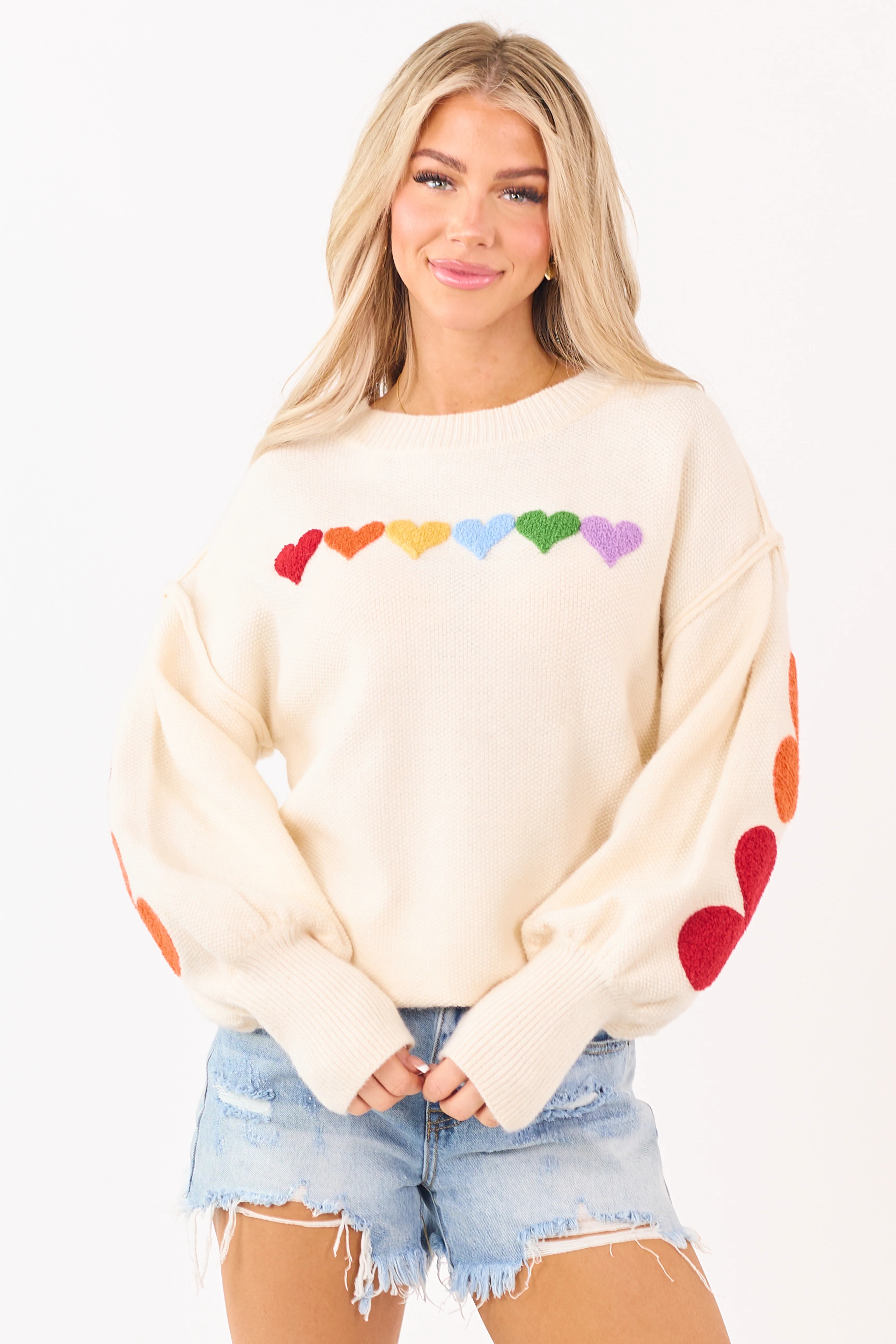 Mello Ivory Rainbow Heart Patch Relaxed Sweater