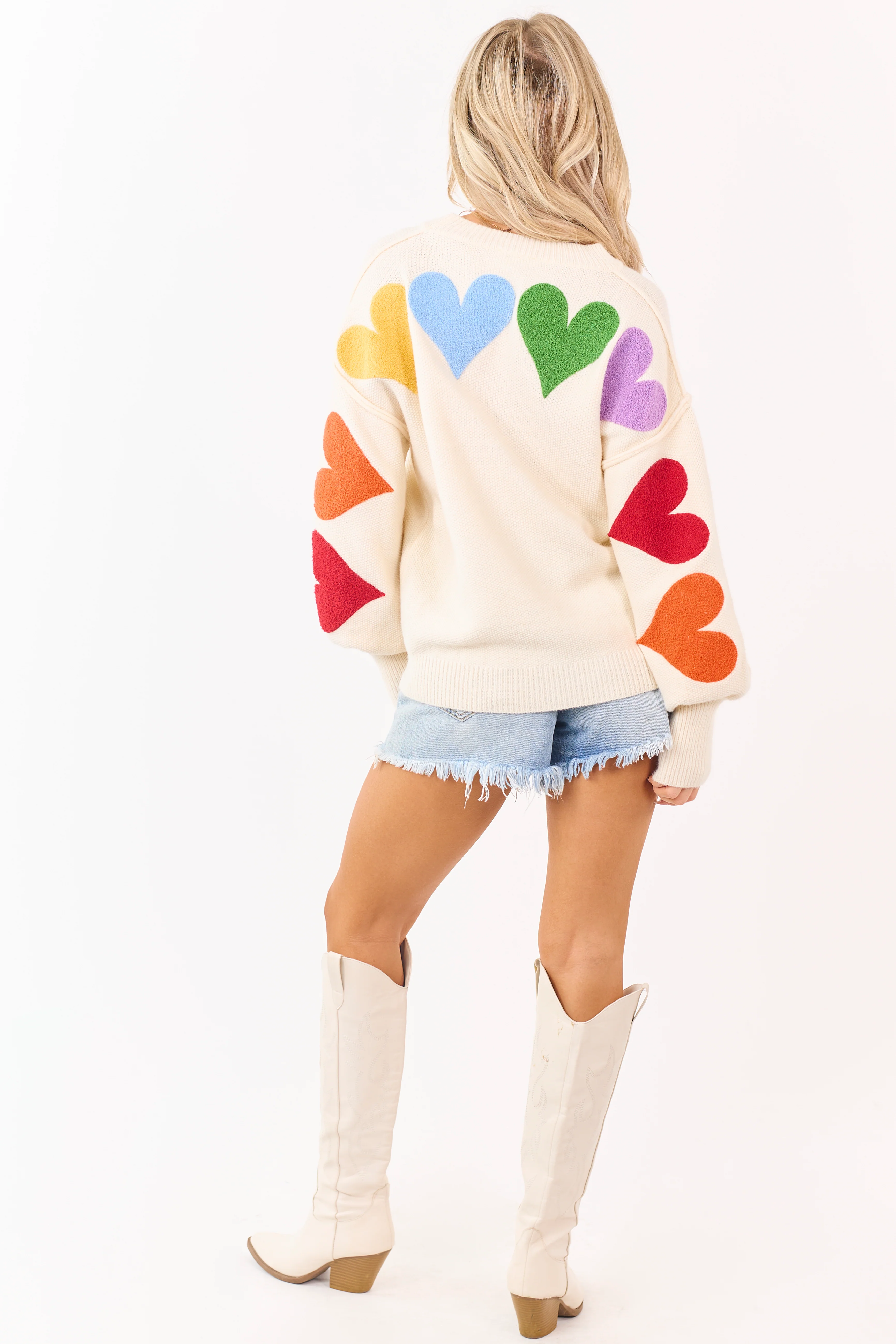 Mello Ivory Rainbow Heart Patch Relaxed Sweater - Image 2
