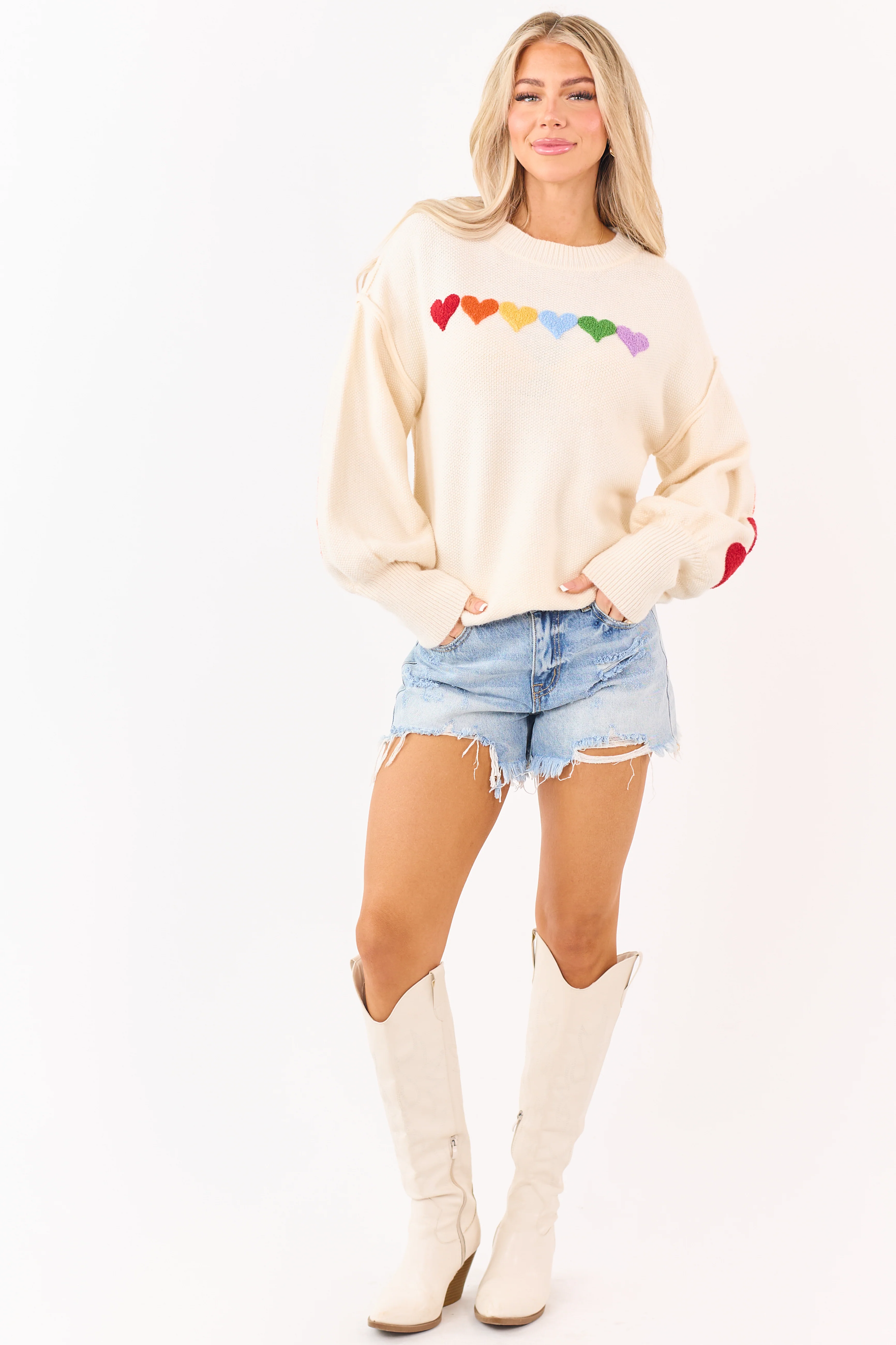 Mello Ivory Rainbow Heart Patch Relaxed Sweater - Image 4