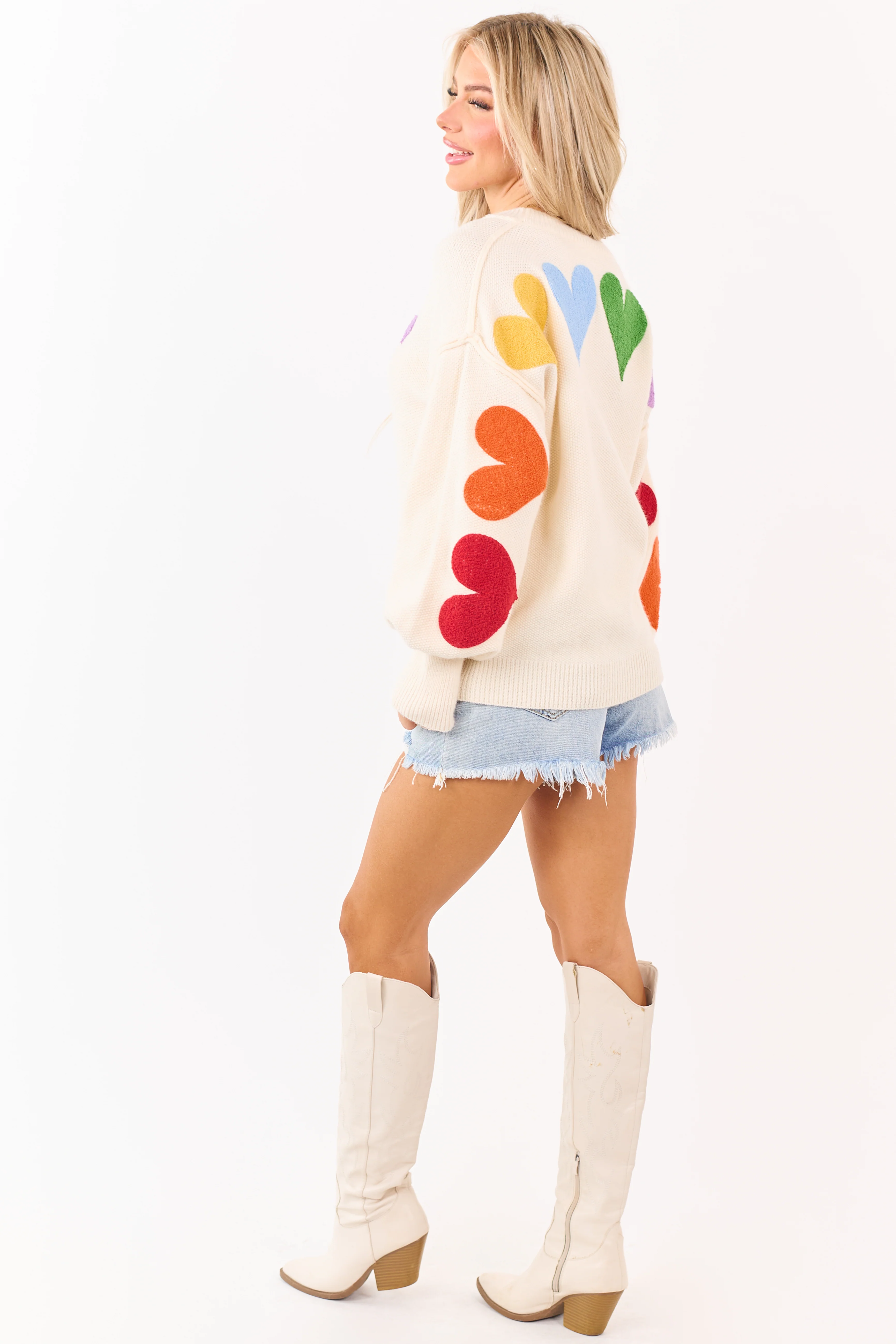 Mello Ivory Rainbow Heart Patch Relaxed Sweater - Image 5