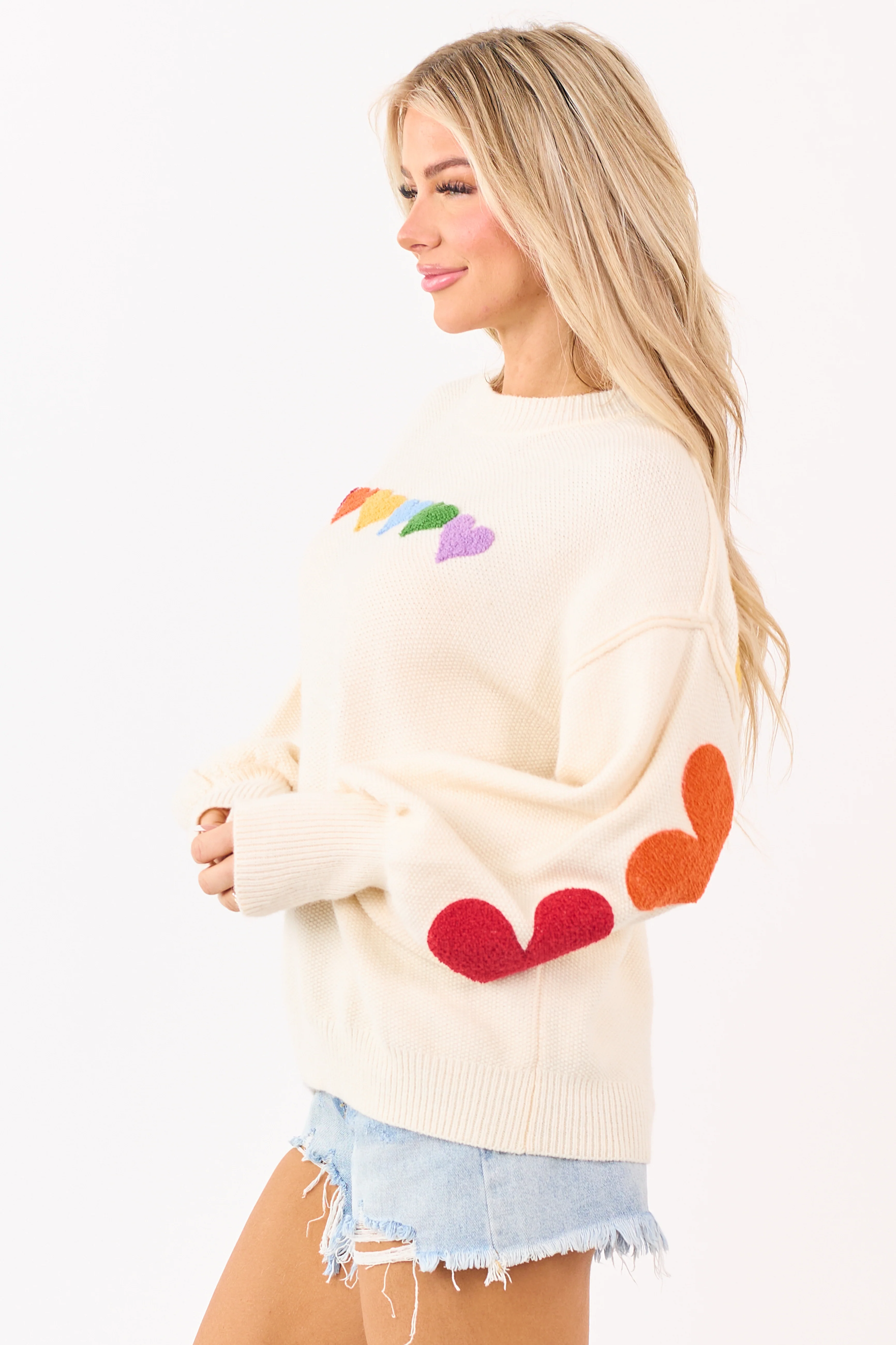 Mello Ivory Rainbow Heart Patch Relaxed Sweater - Image 6