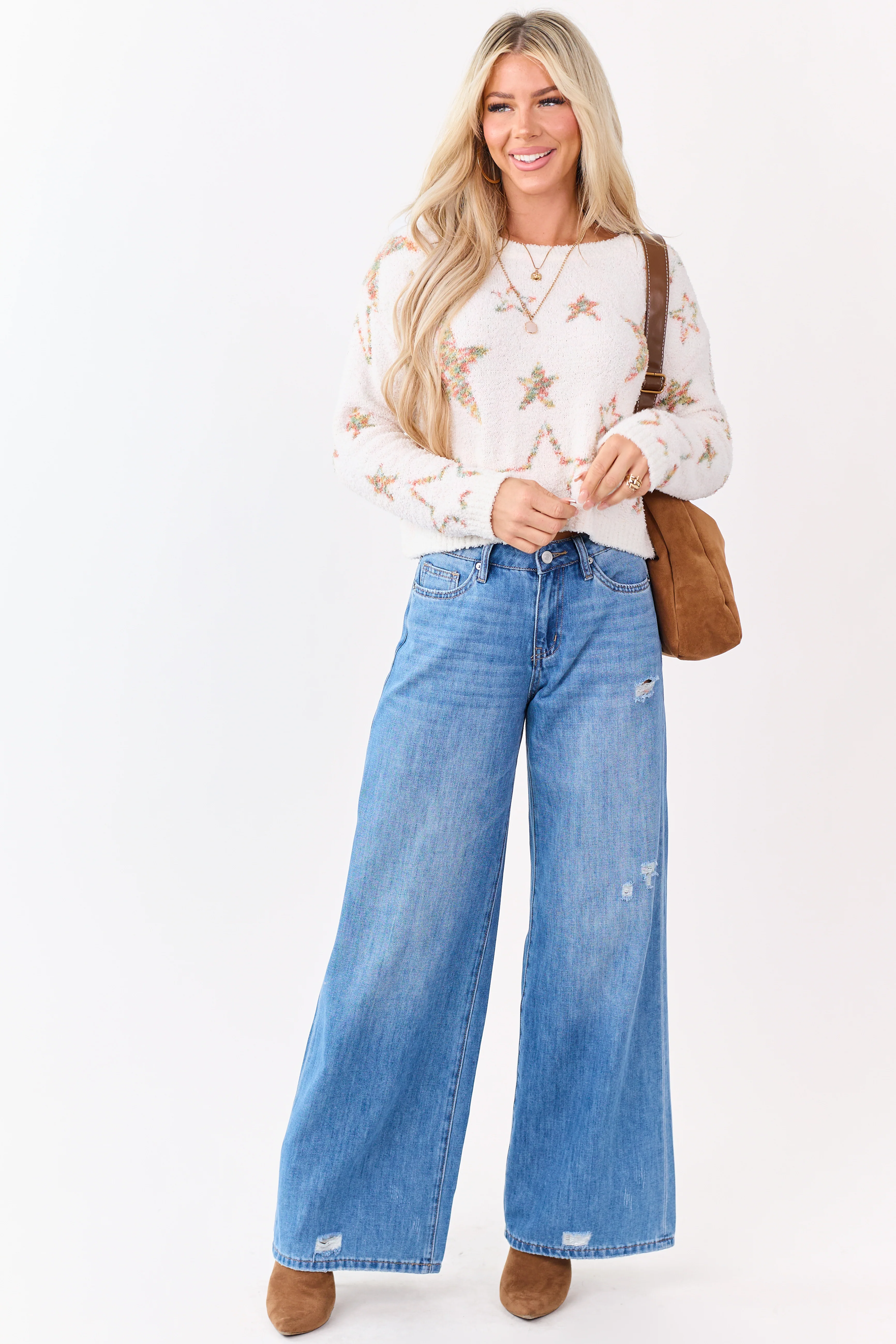 Mello Ivory Star Pattern Fuzzy Knit Sweater - Image 2