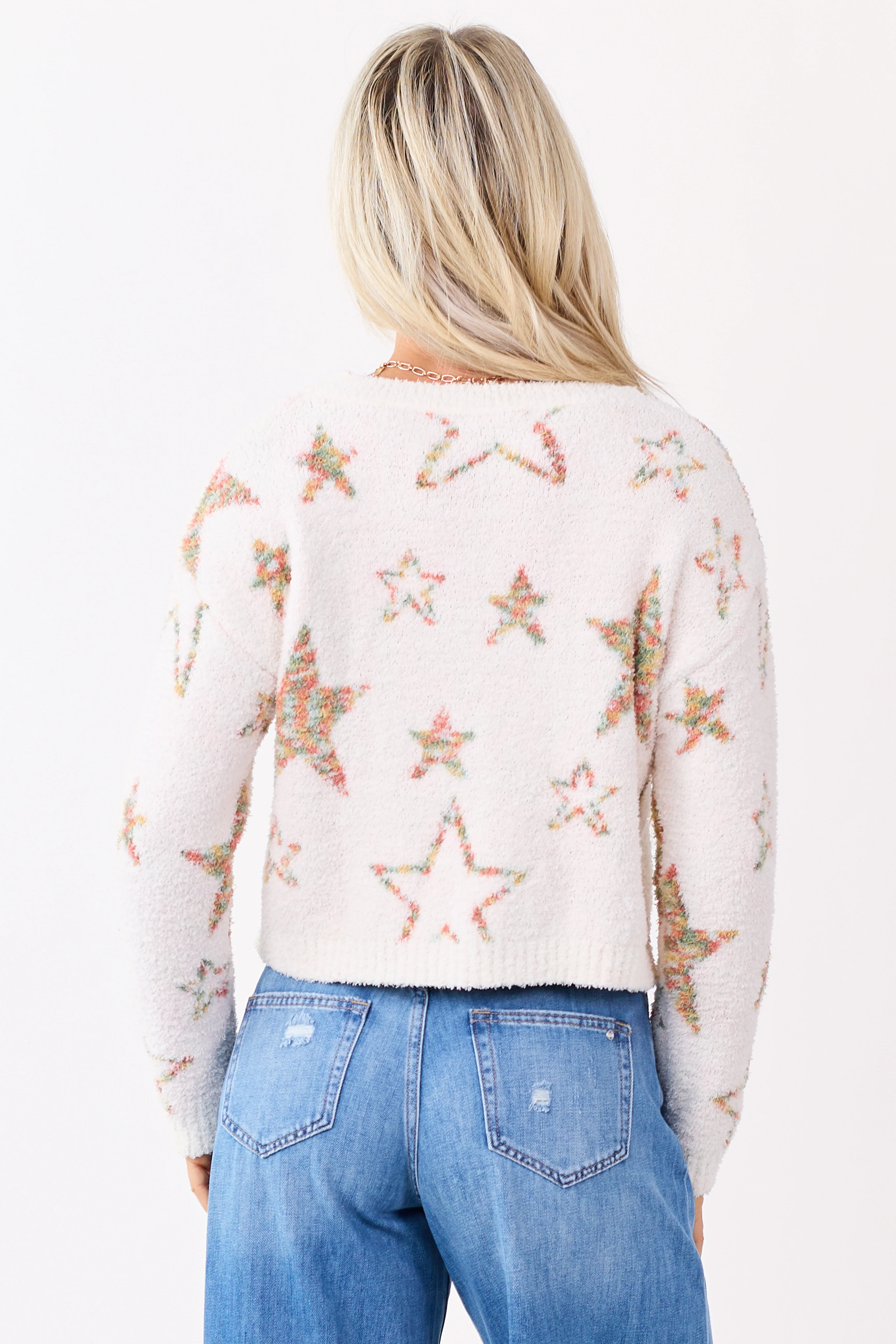 Mello Ivory Star Pattern Fuzzy Knit Sweater - Image 6