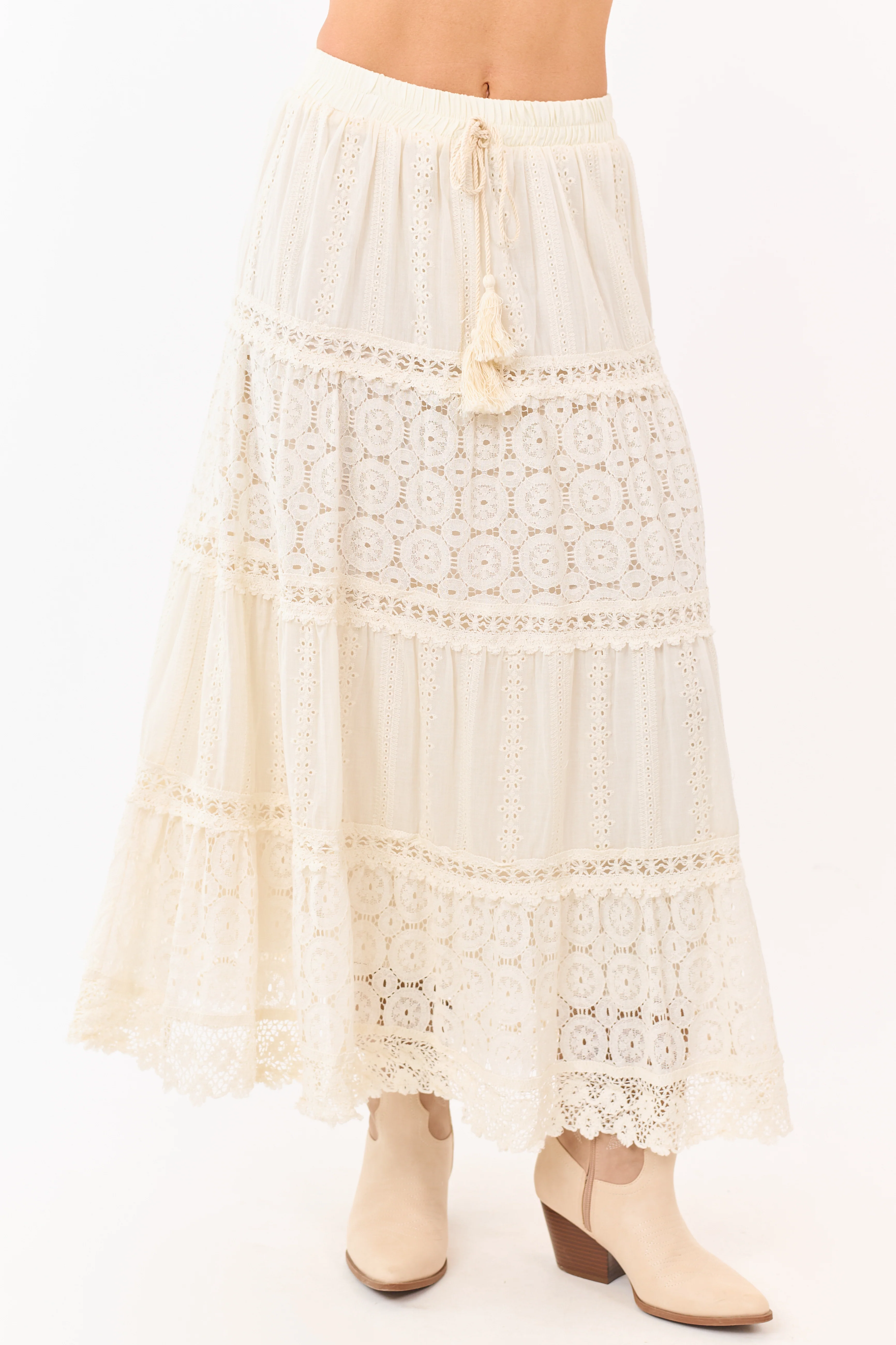Mello Ivory Tiered Lace Tassel Tie Maxi Skirt - Image 2