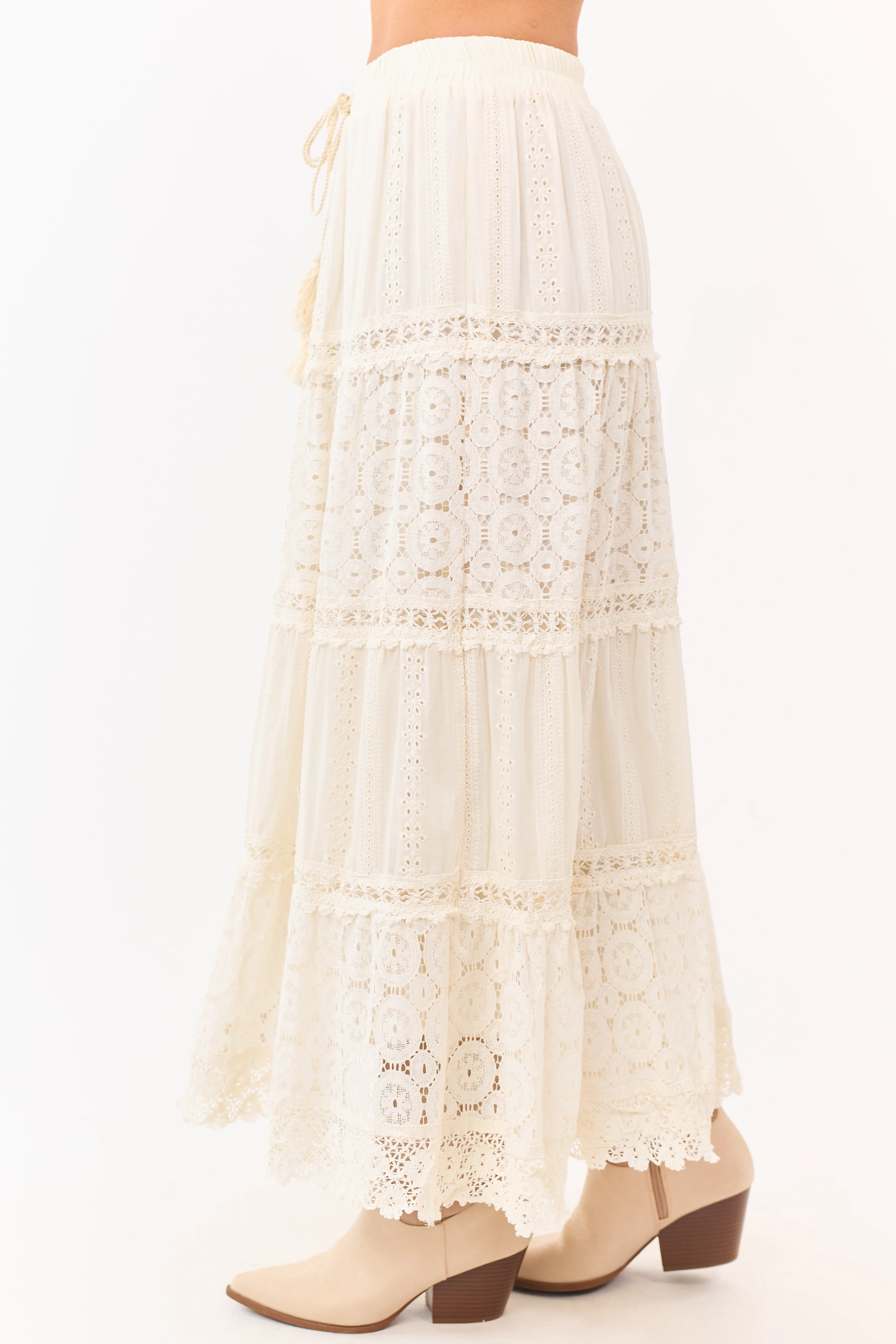 Mello Ivory Tiered Lace Tassel Tie Maxi Skirt - Image 3