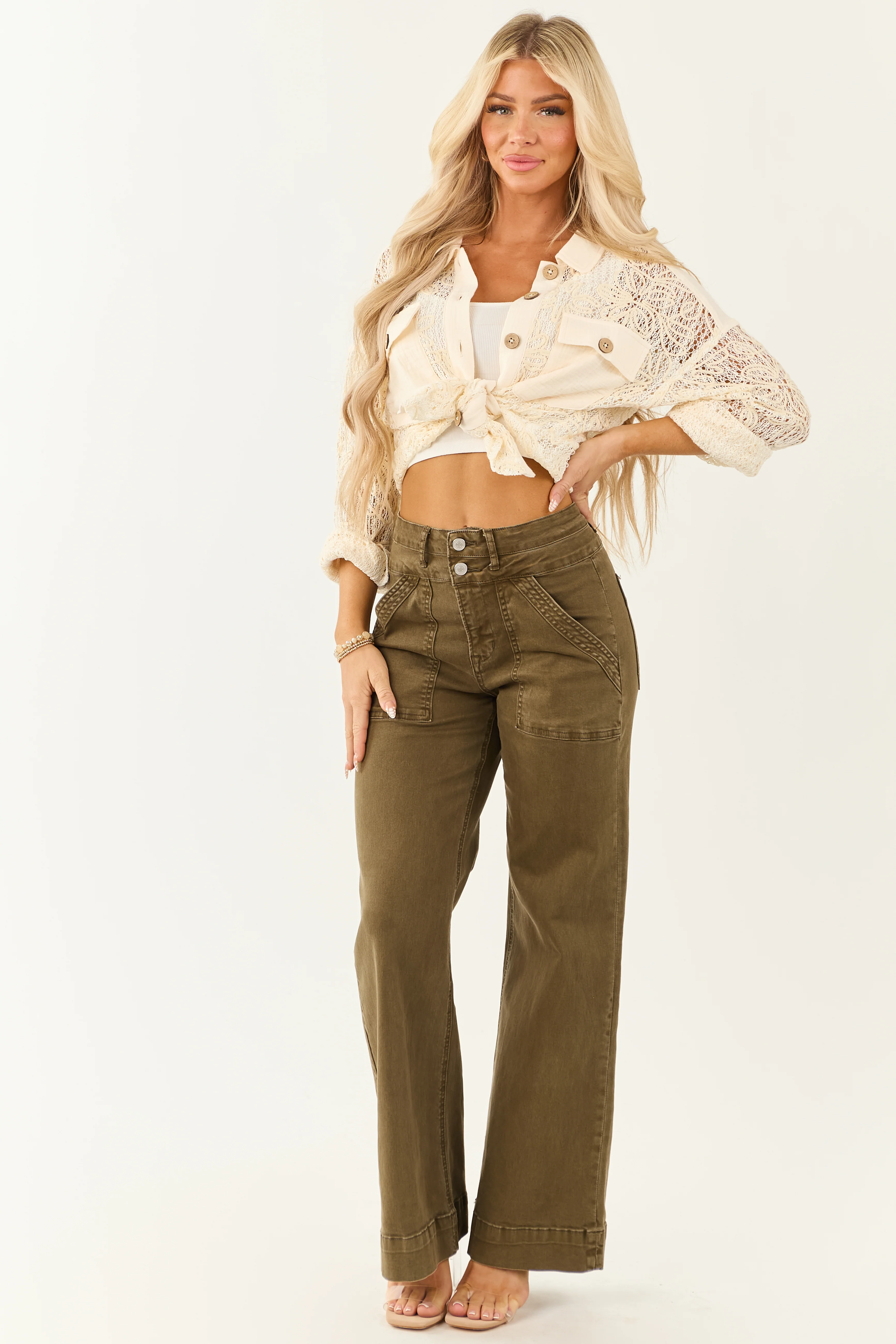 Mica Denim Army Green Wide Leg Stretchy Jeans - Image 6