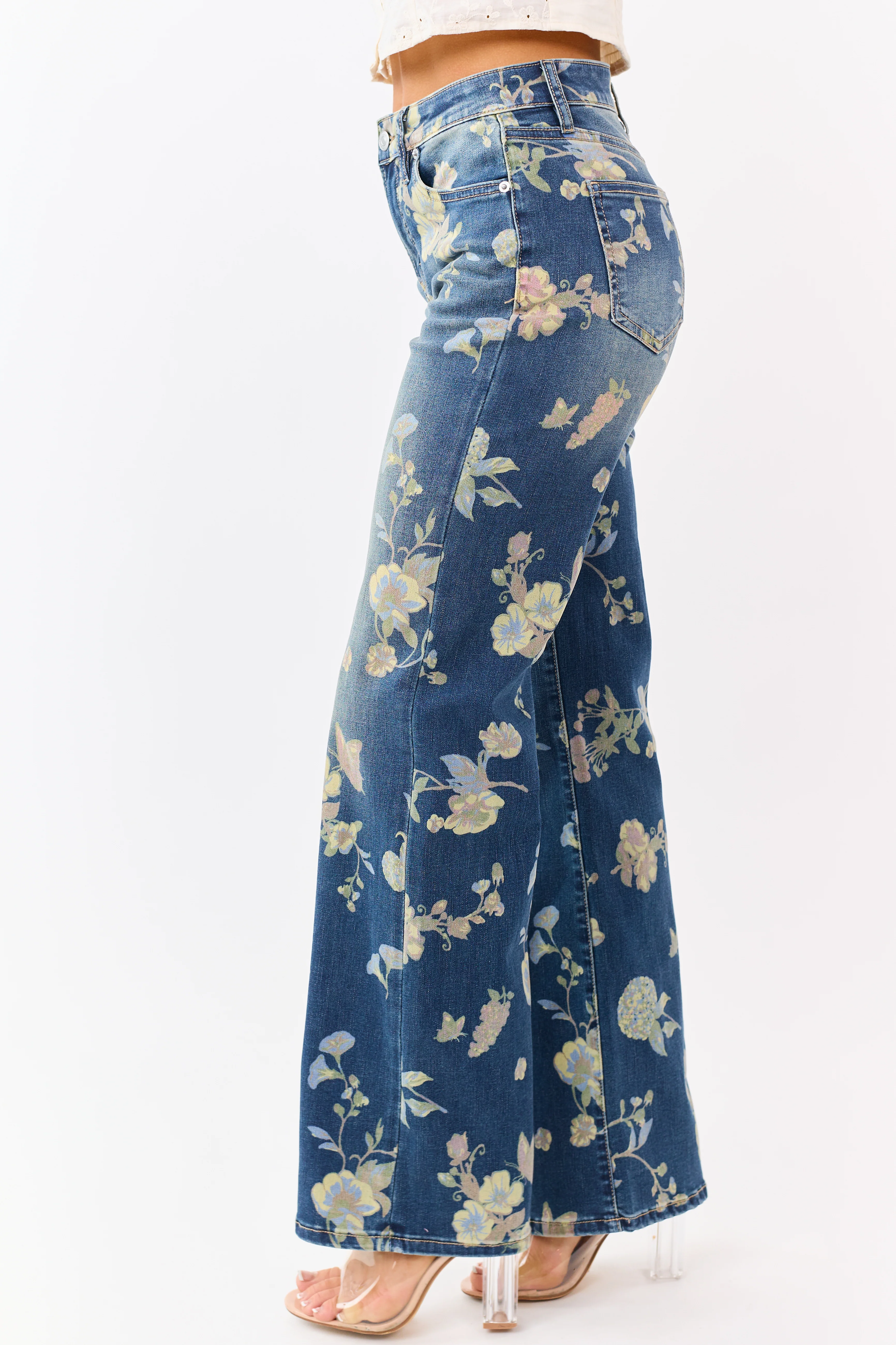 Mica Denim Dark Wash Floral Stretchy Wide Leg Jeans - Image 3