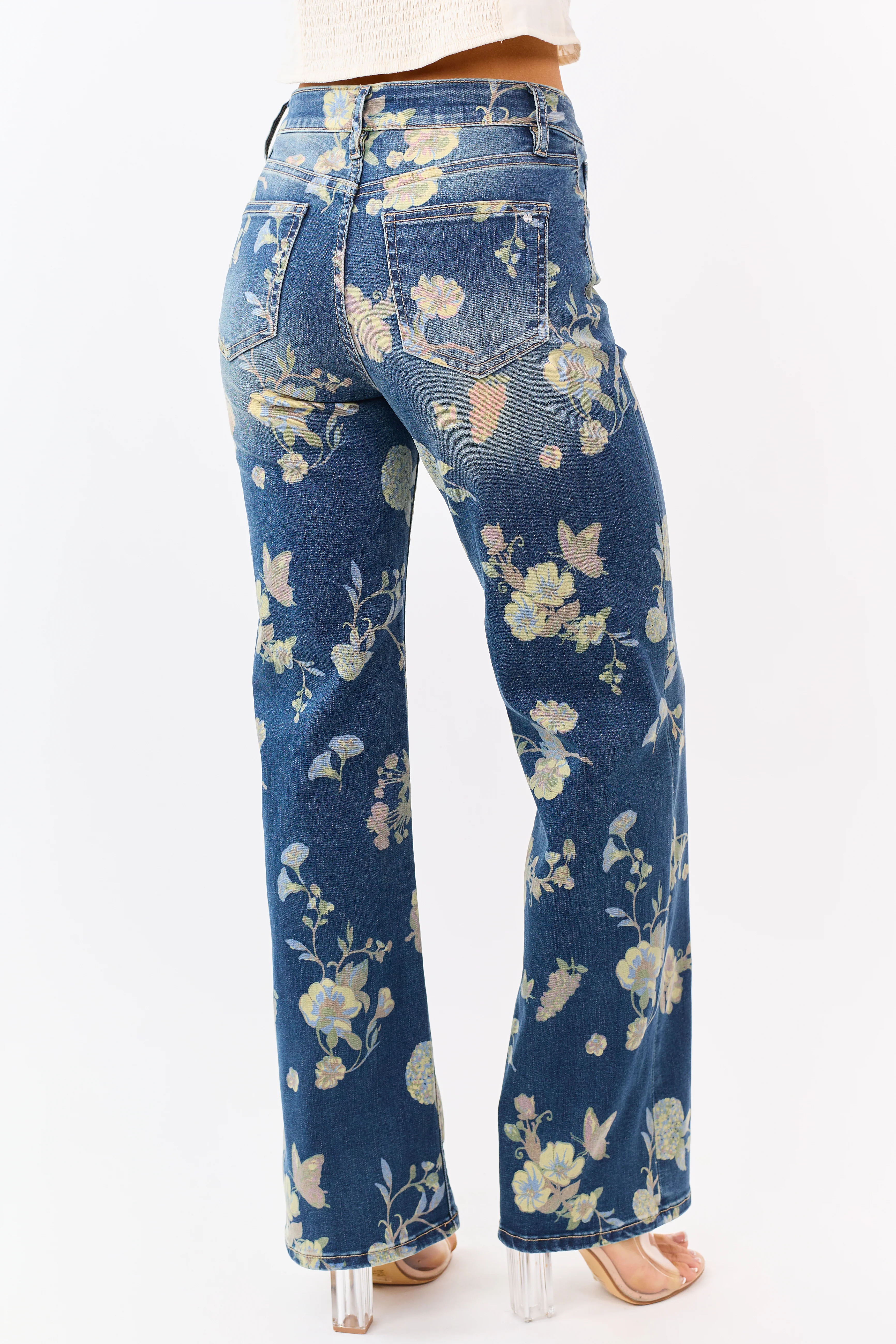 Mica Denim Dark Wash Floral Stretchy Wide Leg Jeans - Image 4