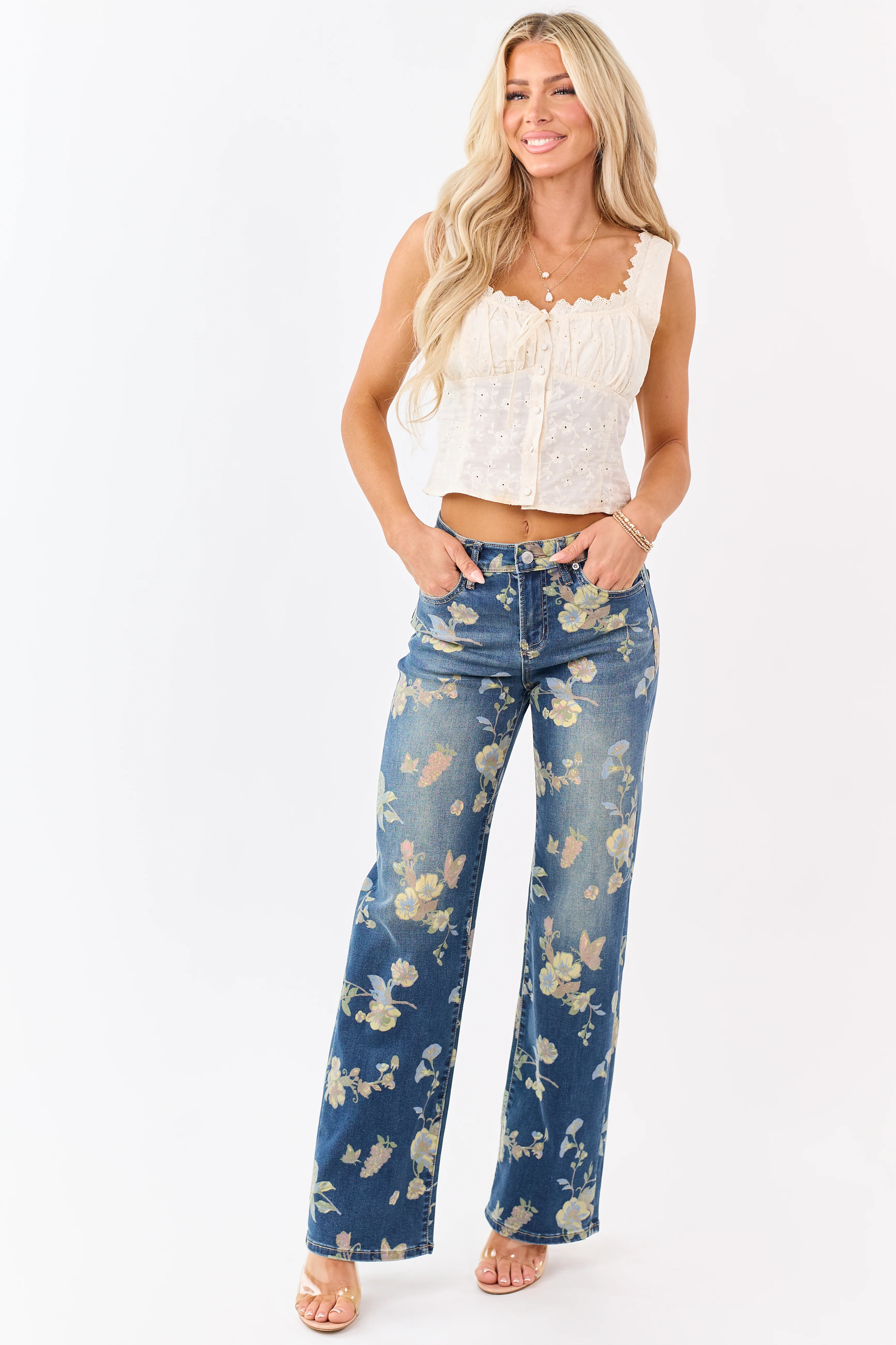 Mica Denim Dark Wash Floral Stretchy Wide Leg Jeans - Image 5