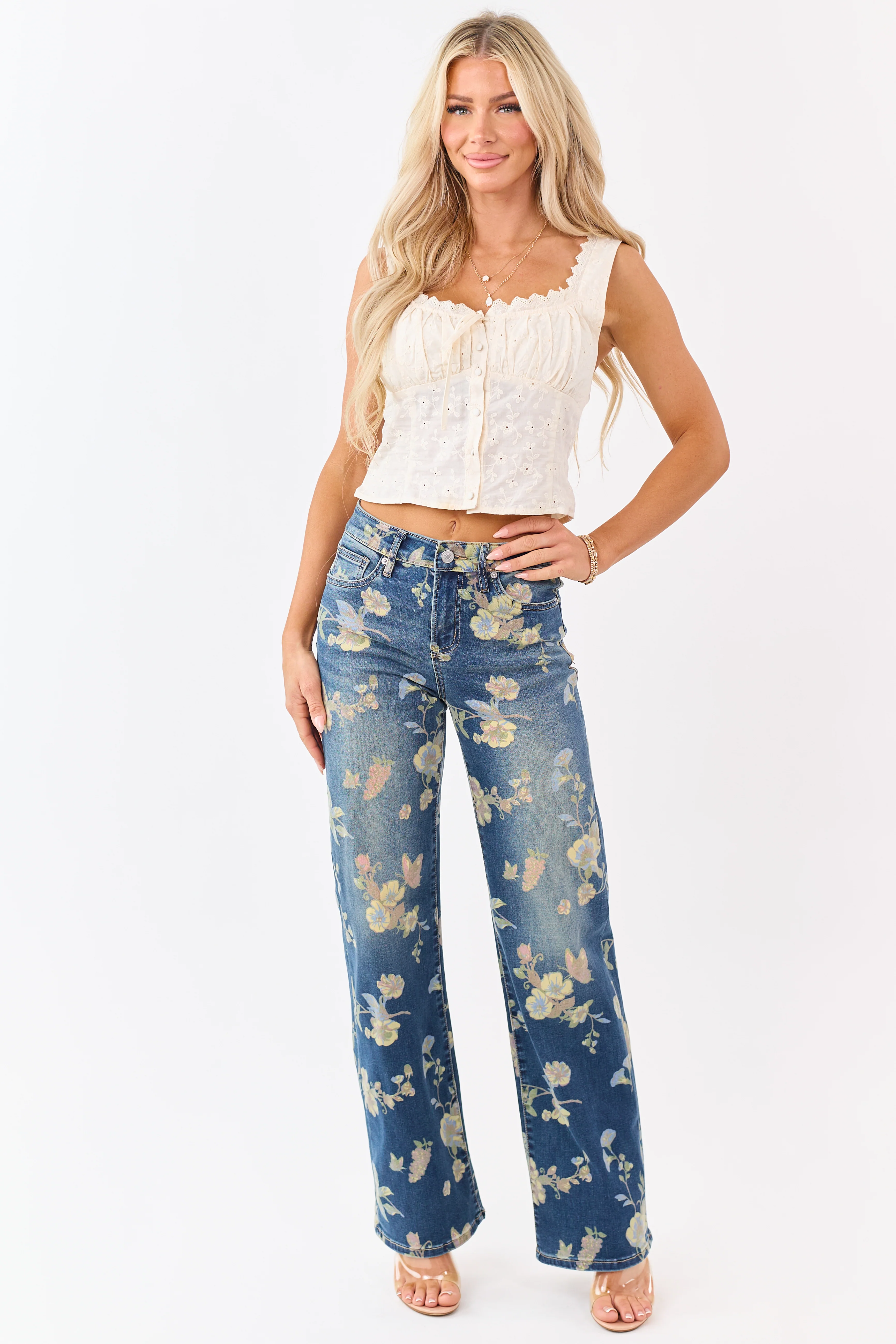 Mica Denim Dark Wash Floral Stretchy Wide Leg Jeans - Image 6