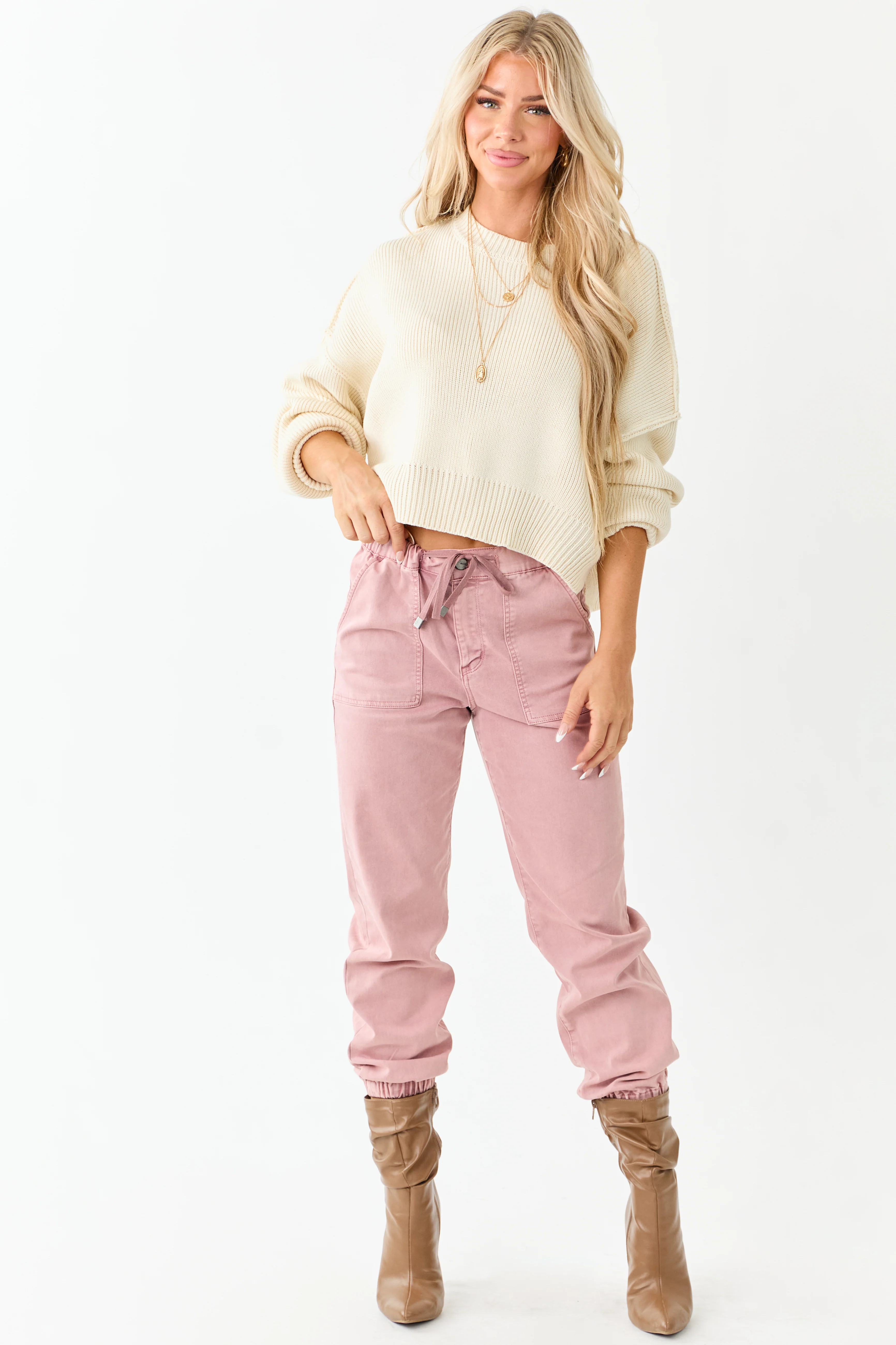 Mica Denim Dusty Rose Cropped Jogger Jeans - Image 6