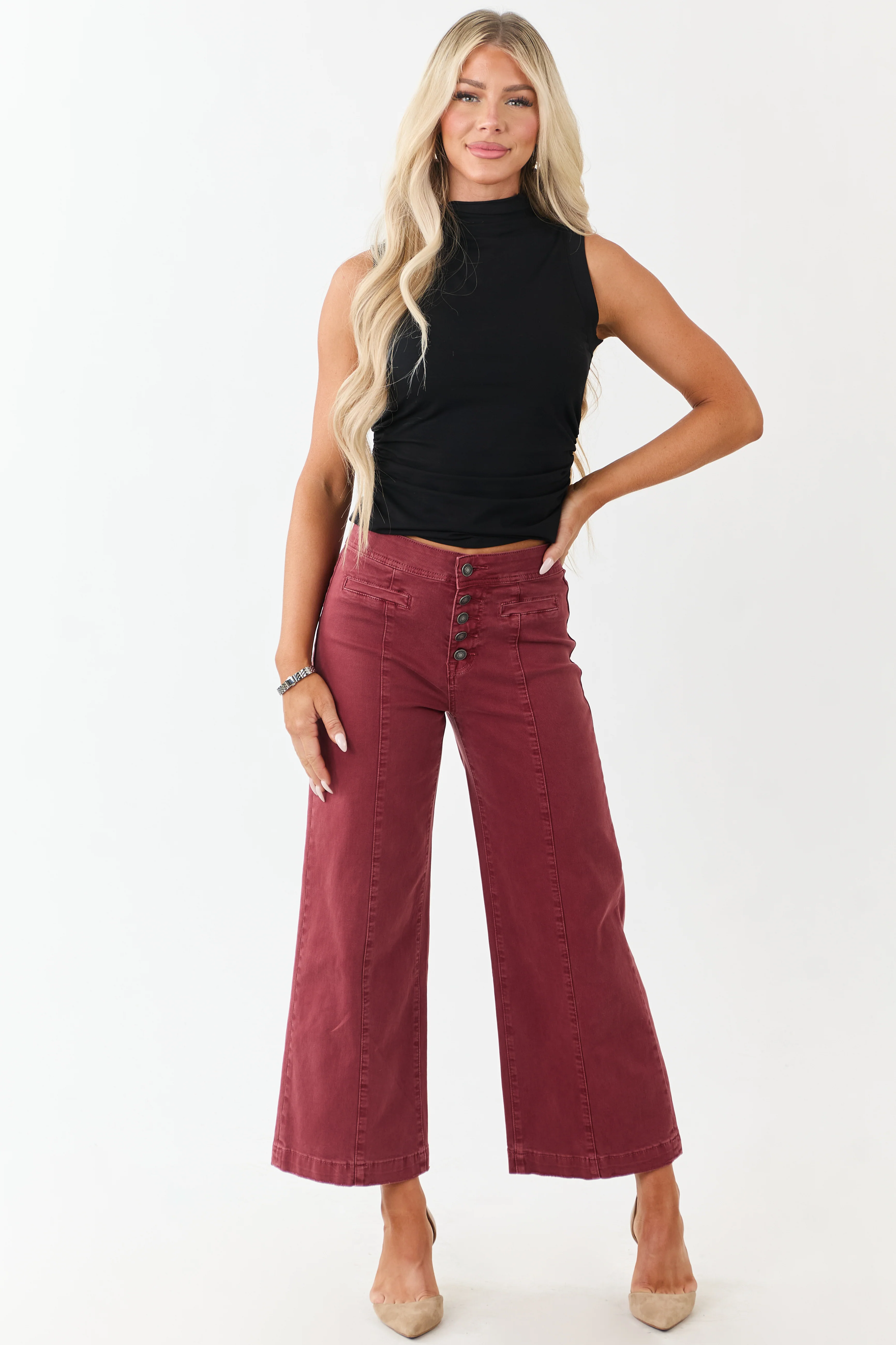 Mica Denim Faded Maroon Stretchy Wide Leg Crop Jeans