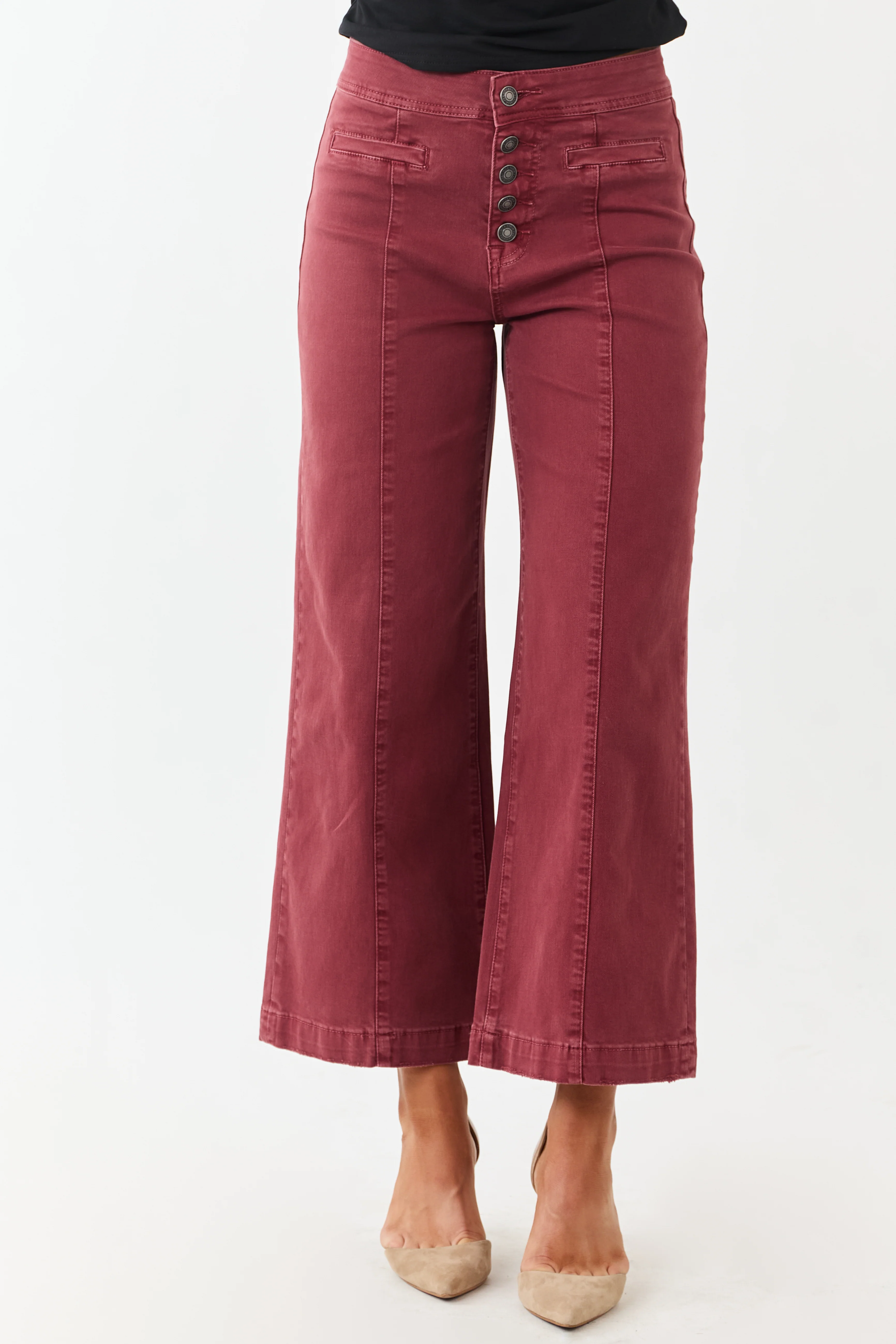 Mica Denim Faded Maroon Stretchy Wide Leg Crop Jeans - Image 2