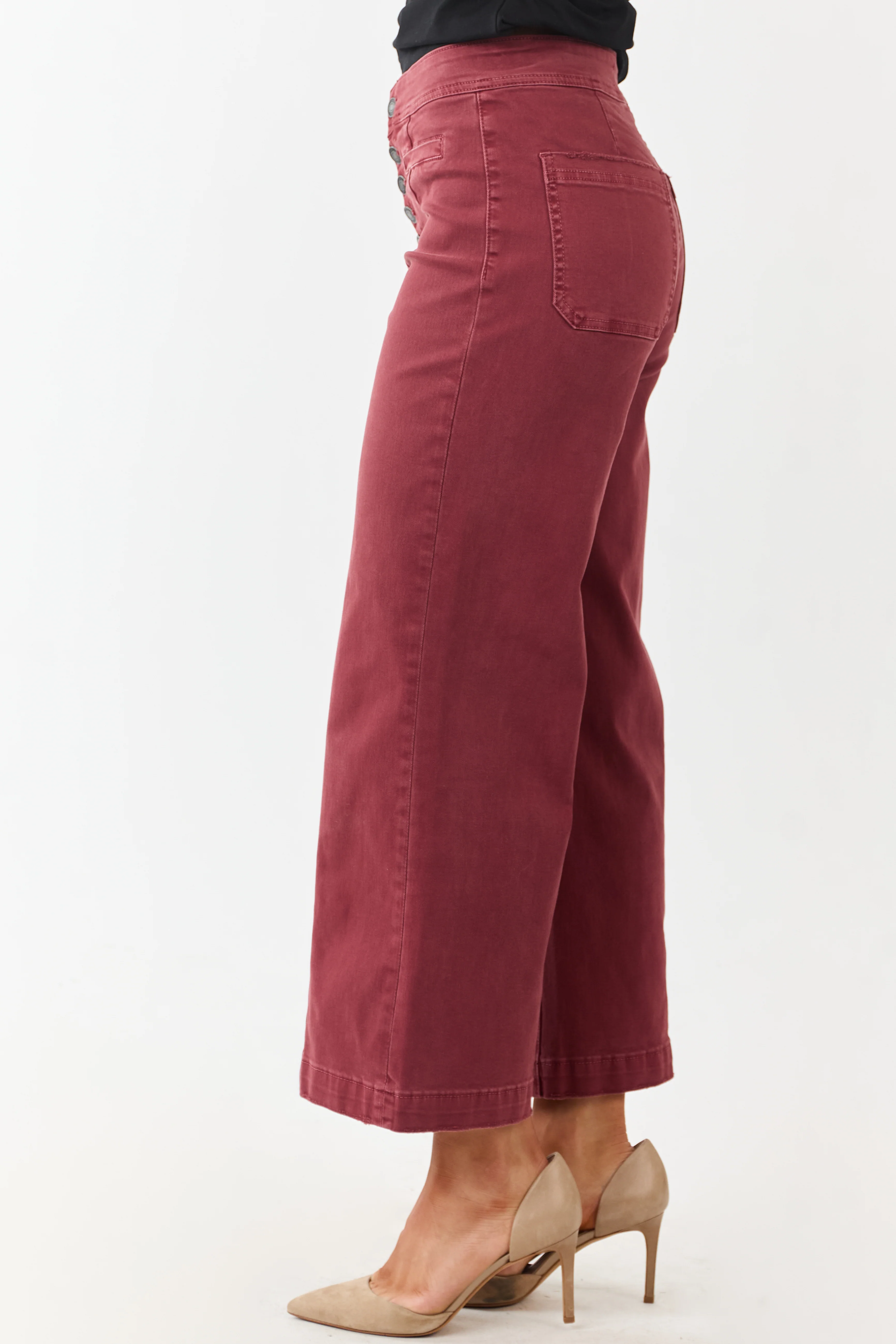 Mica Denim Faded Maroon Stretchy Wide Leg Crop Jeans - Image 3