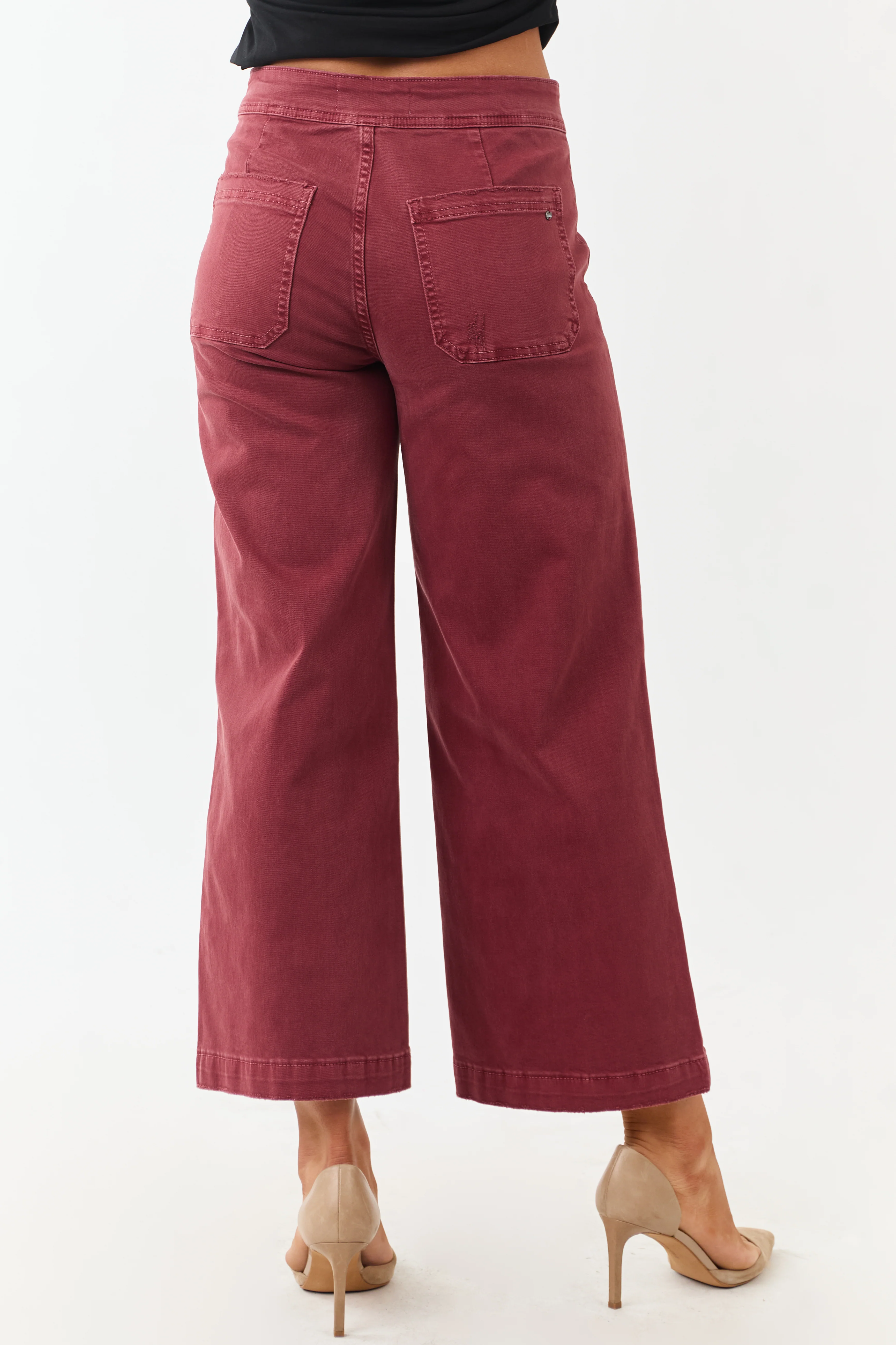 Mica Denim Faded Maroon Stretchy Wide Leg Crop Jeans - Image 4