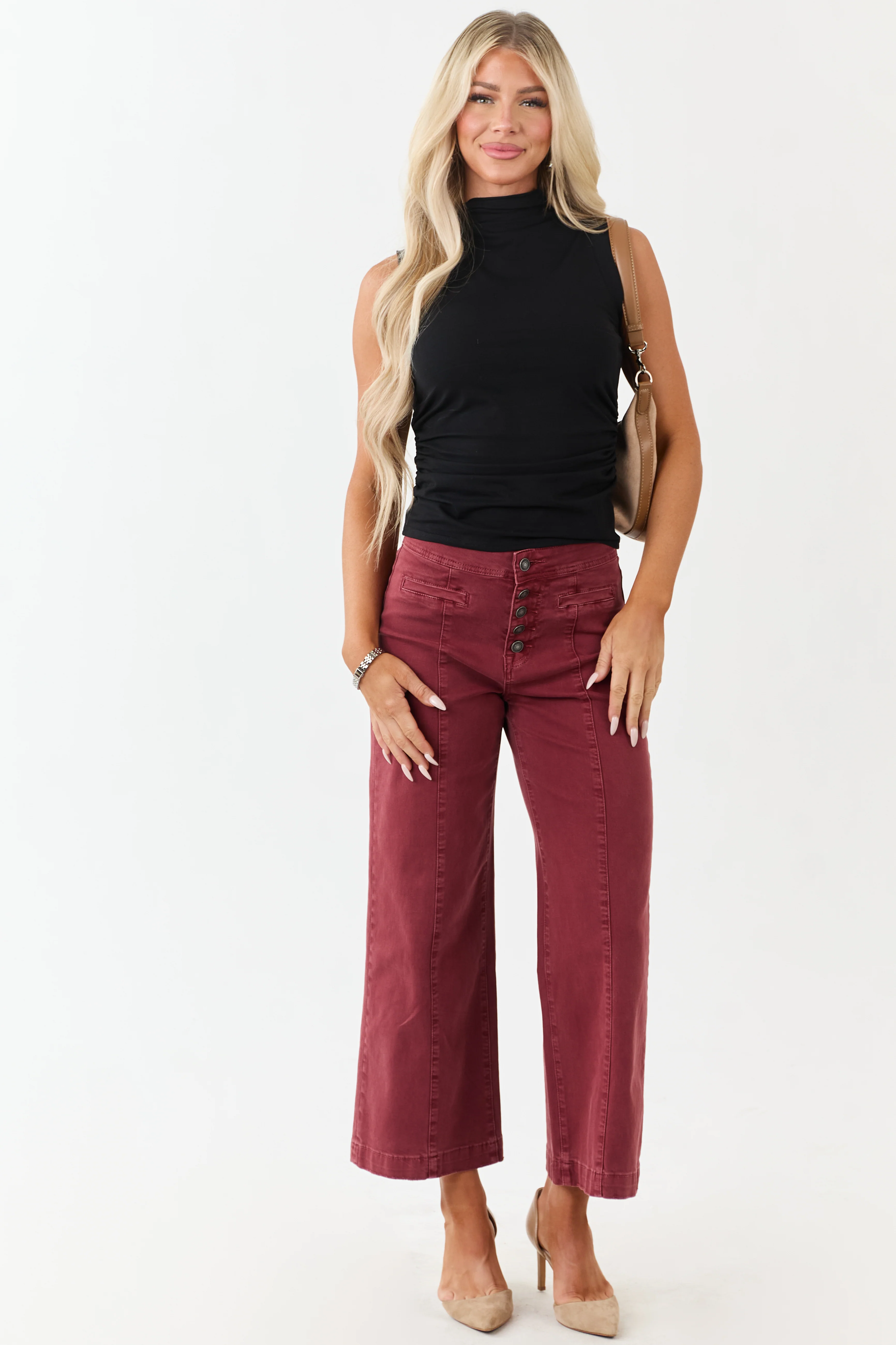 Mica Denim Faded Maroon Stretchy Wide Leg Crop Jeans - Image 5